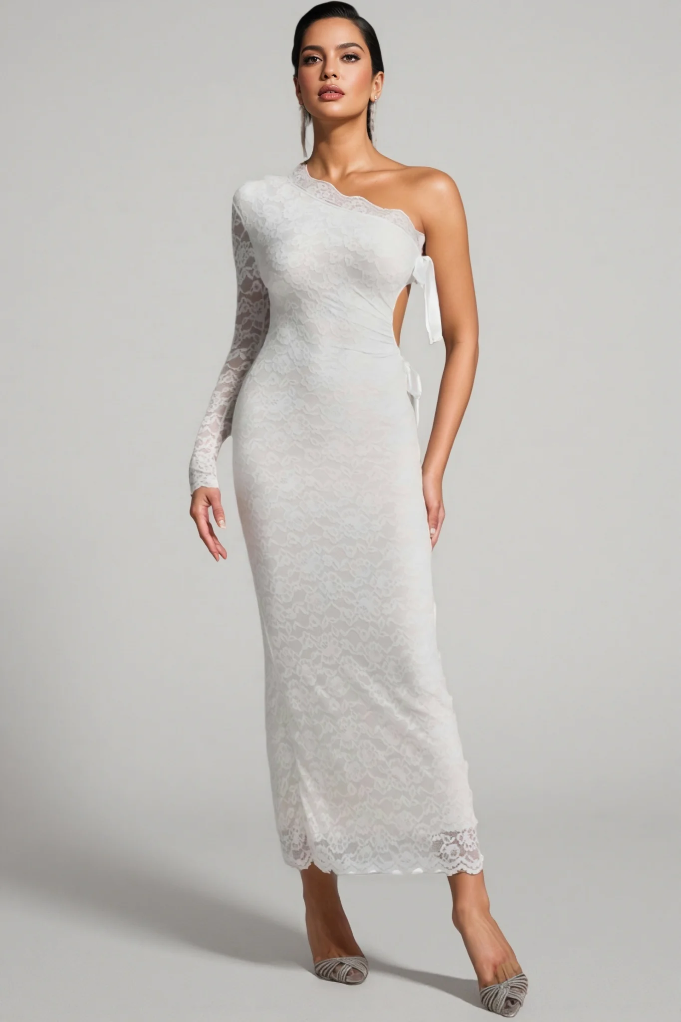 Sylase One Shoulder White Lace Maxi Dress