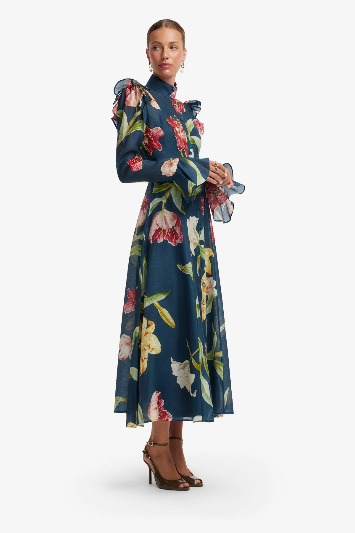 Katrina Butterfly Sleeve Midi Dress - Lily Print in Indigo