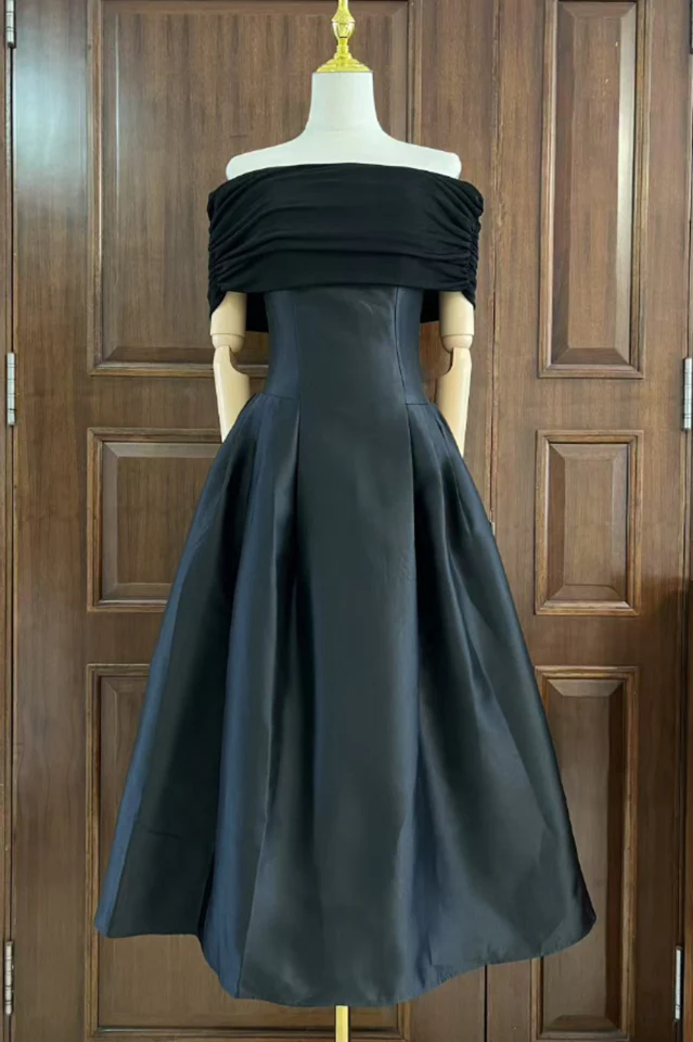Vivian Off Shoulder Flare Satin Midi Dress