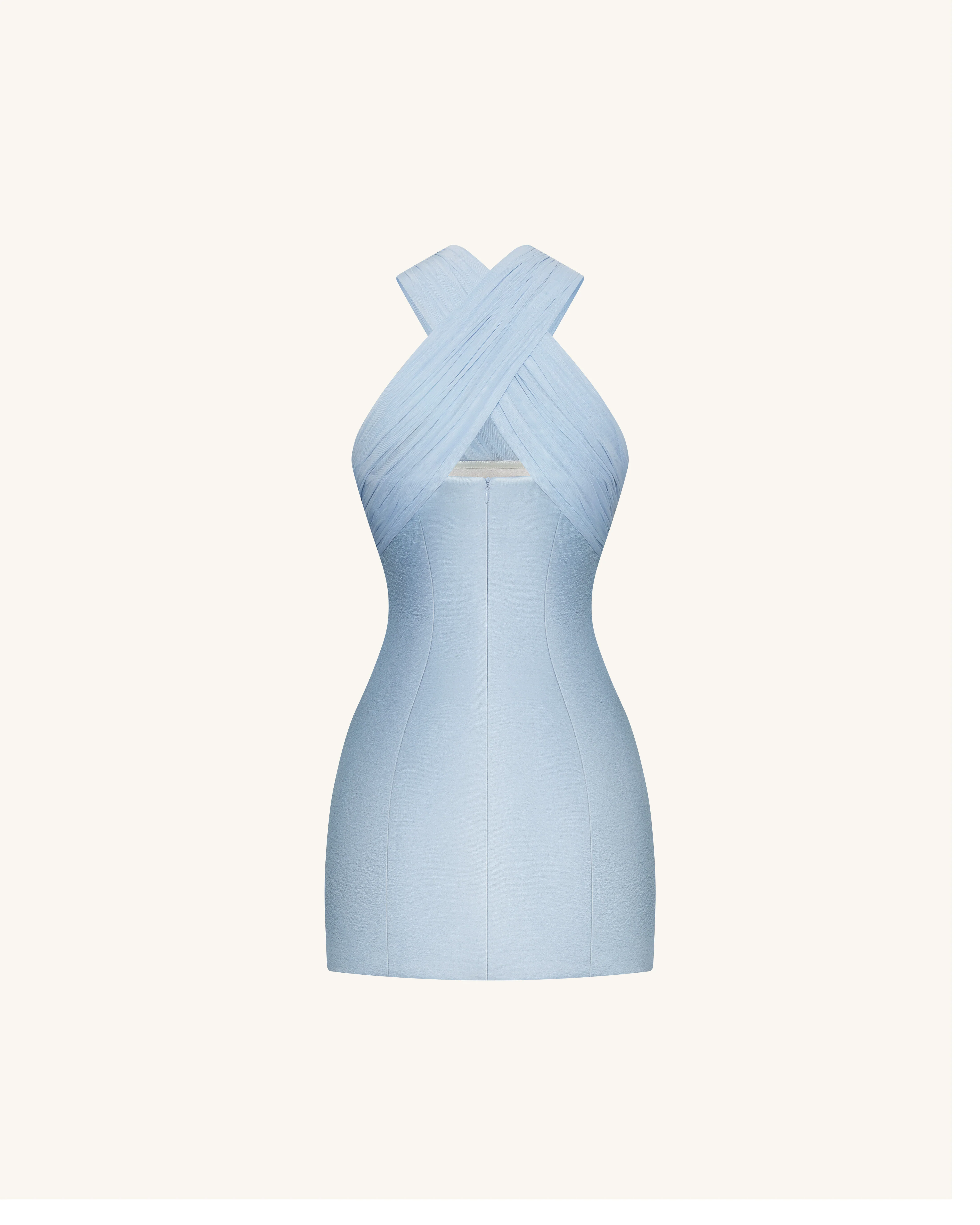 Satin Mini Dress with Tulle Cross-Halter - Blue - FASHION NOB