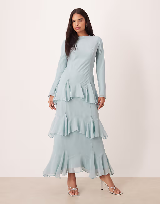 long sleeve ruffle chiffon maxi dress in dusky blue