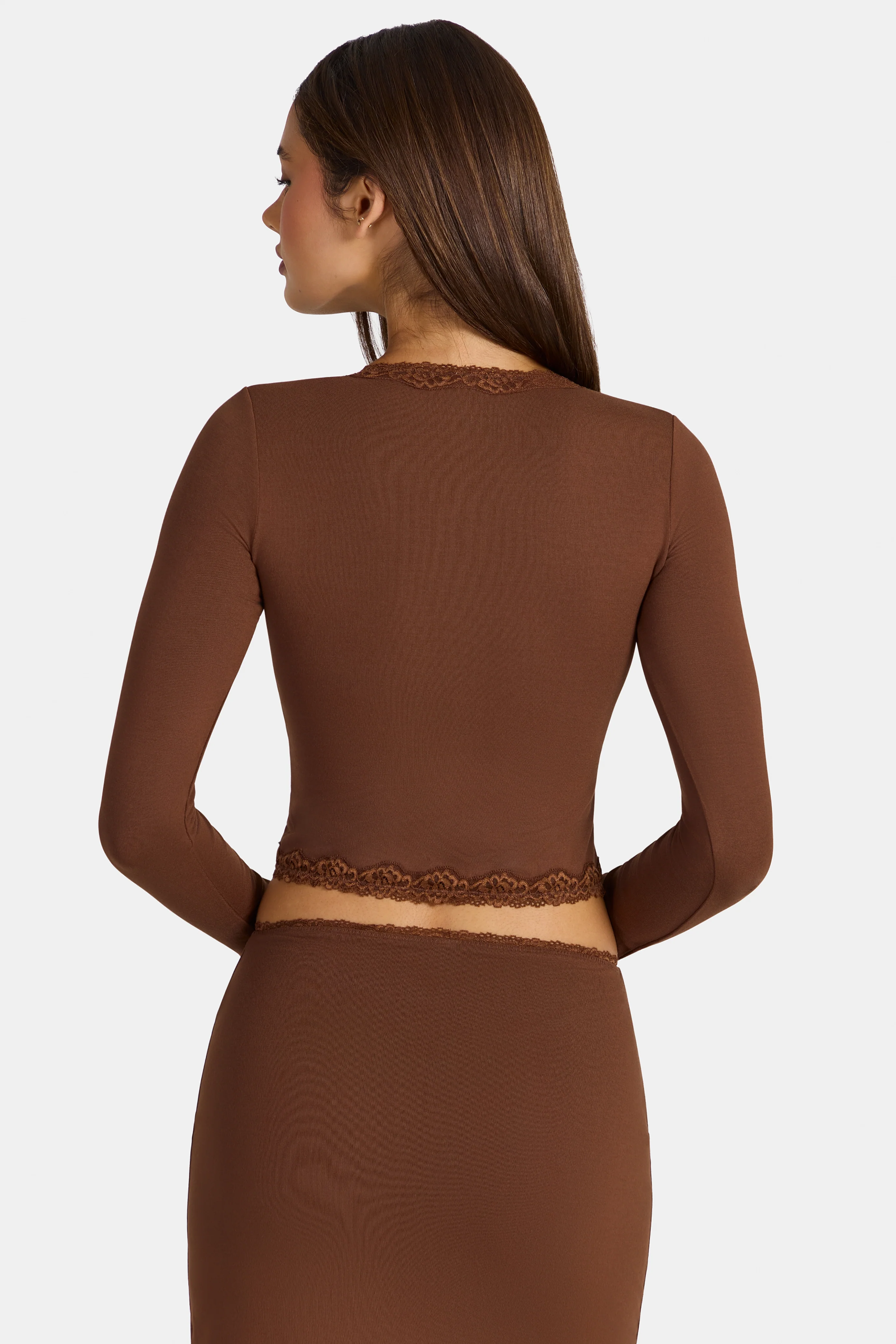 Modal Lace-Trim Cropped Cardigan  in Cocoa Brown