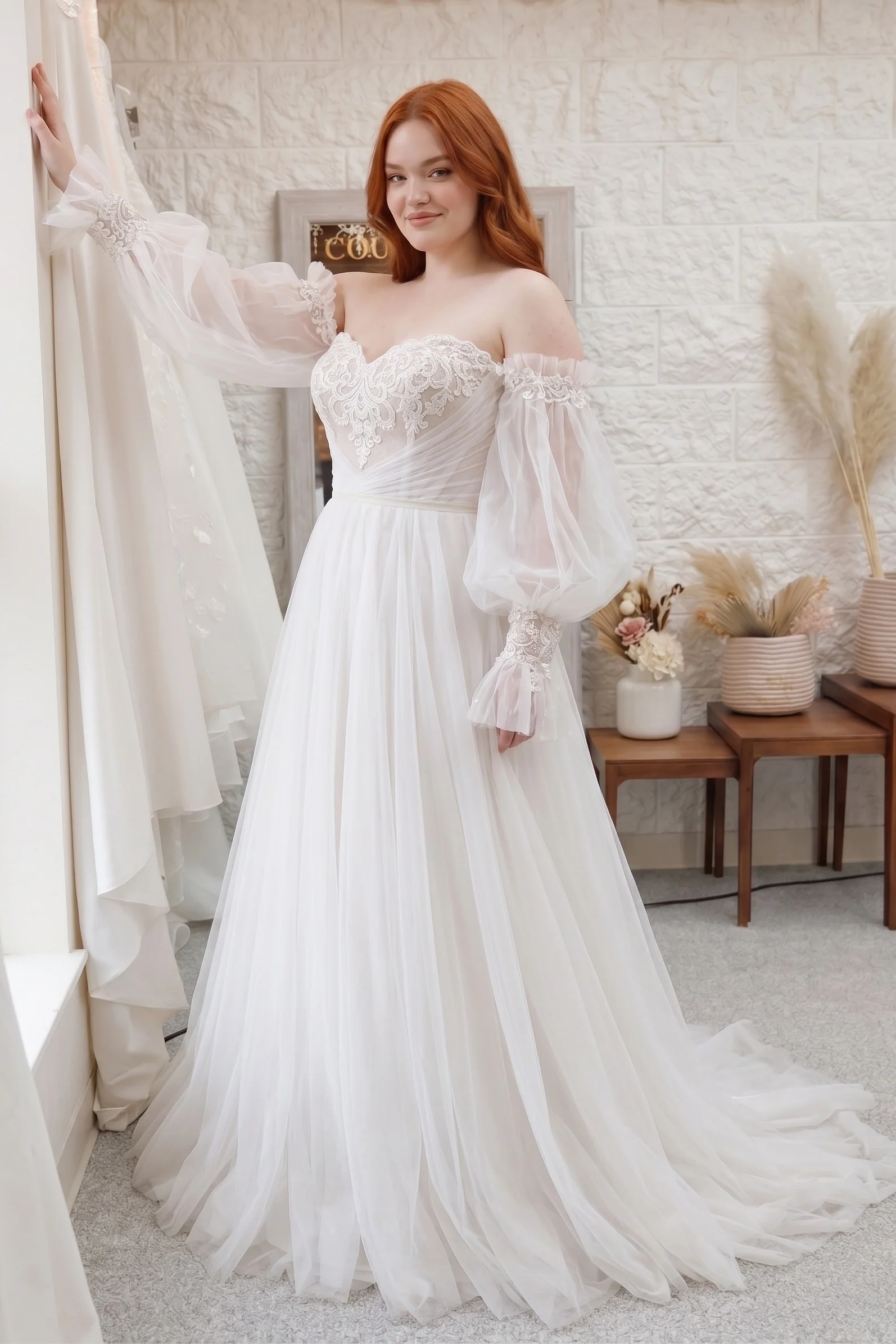 A-Line Court Train Lace Tulle Wedding Dress CW3237