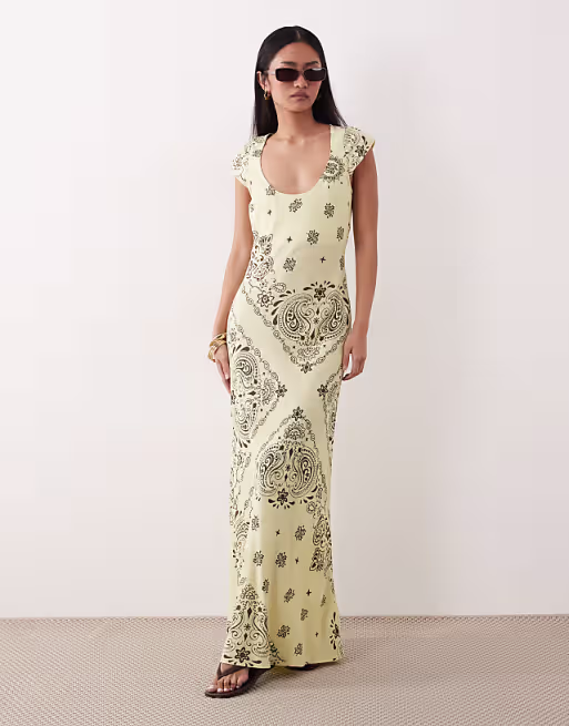 scoop neck bias cut maxi dress in yellow bandana print