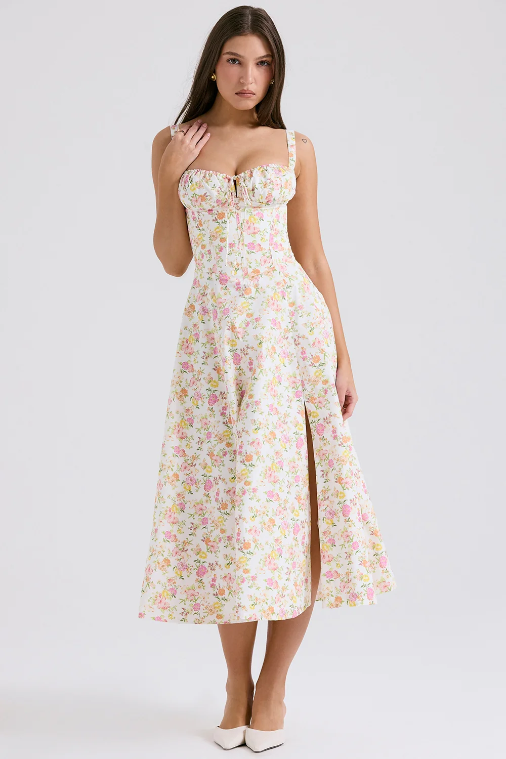 ivory meadow print cotton bustier sundress