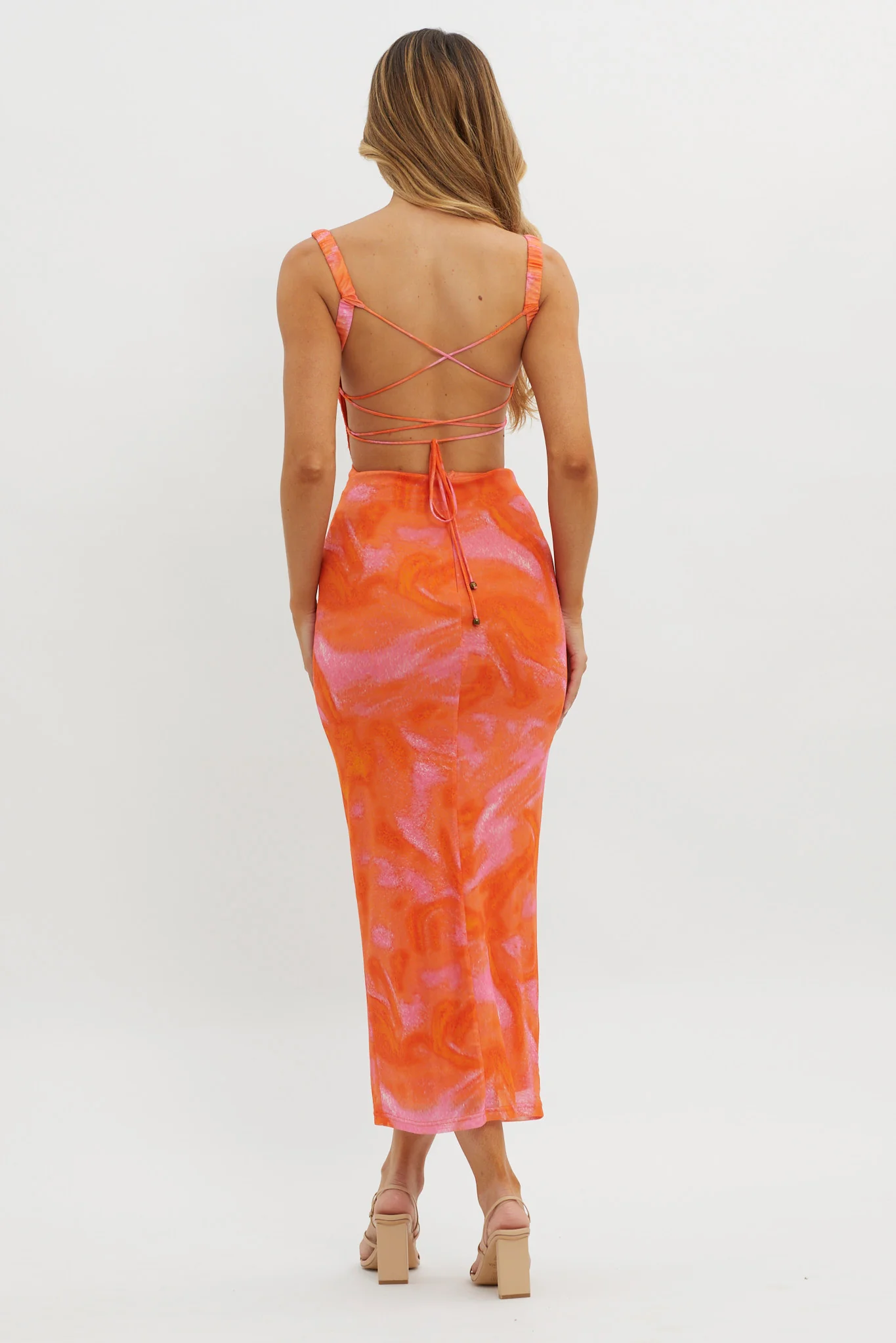 Dream Crush Lace-Up Back Side Split Maxi Dress Swirl Orange