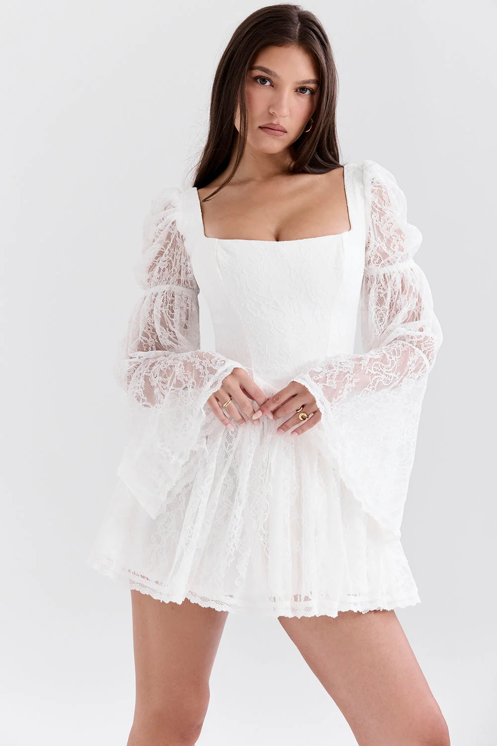 white lace puff sleeve mini dress