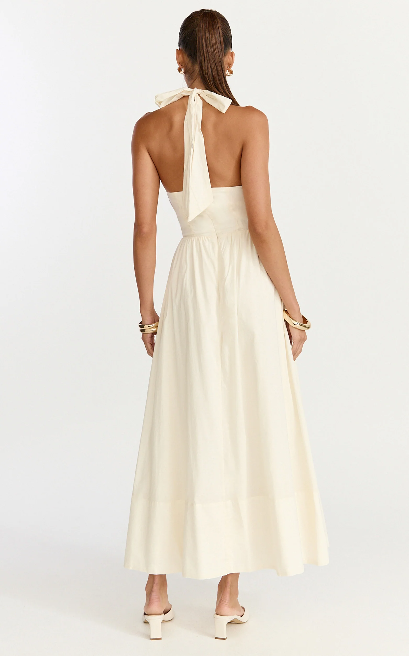 Everly Midi Dress - Tie Halter Neck Button Down Bodice Fit And Flare Dress in Cream