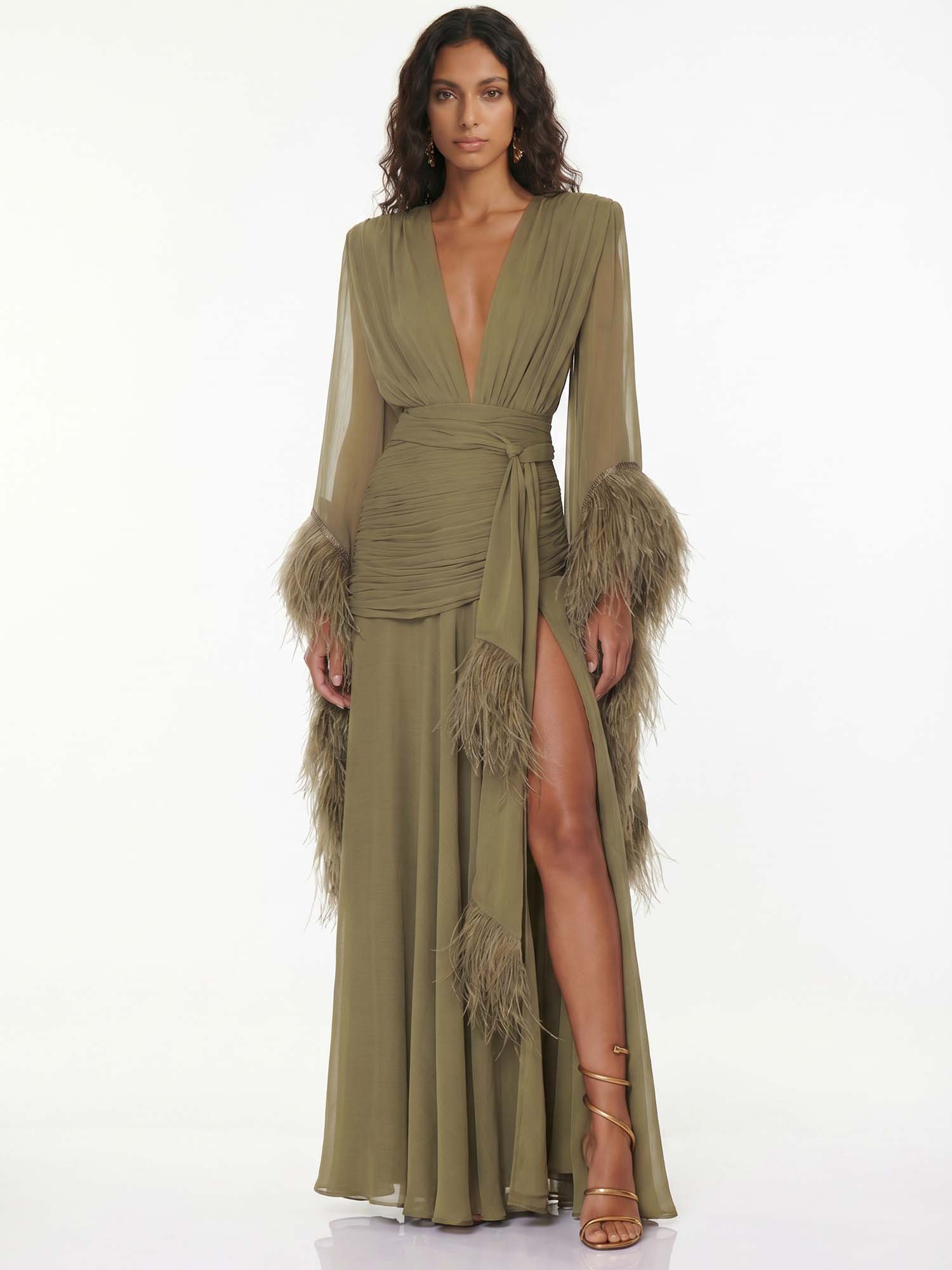 Olive Feather Reverie Maxi Dress