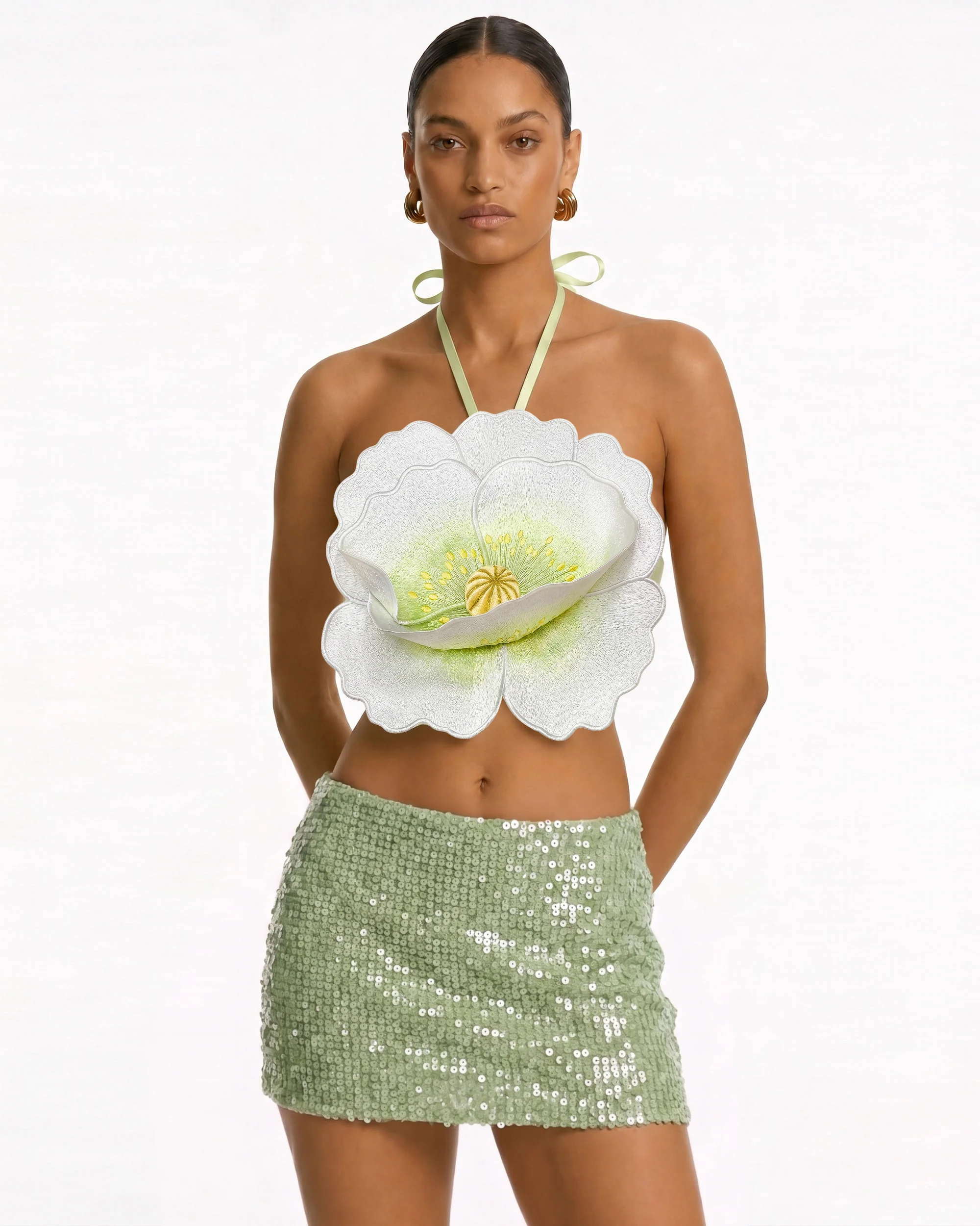 3D Floral Halter Crop Top - Ivory