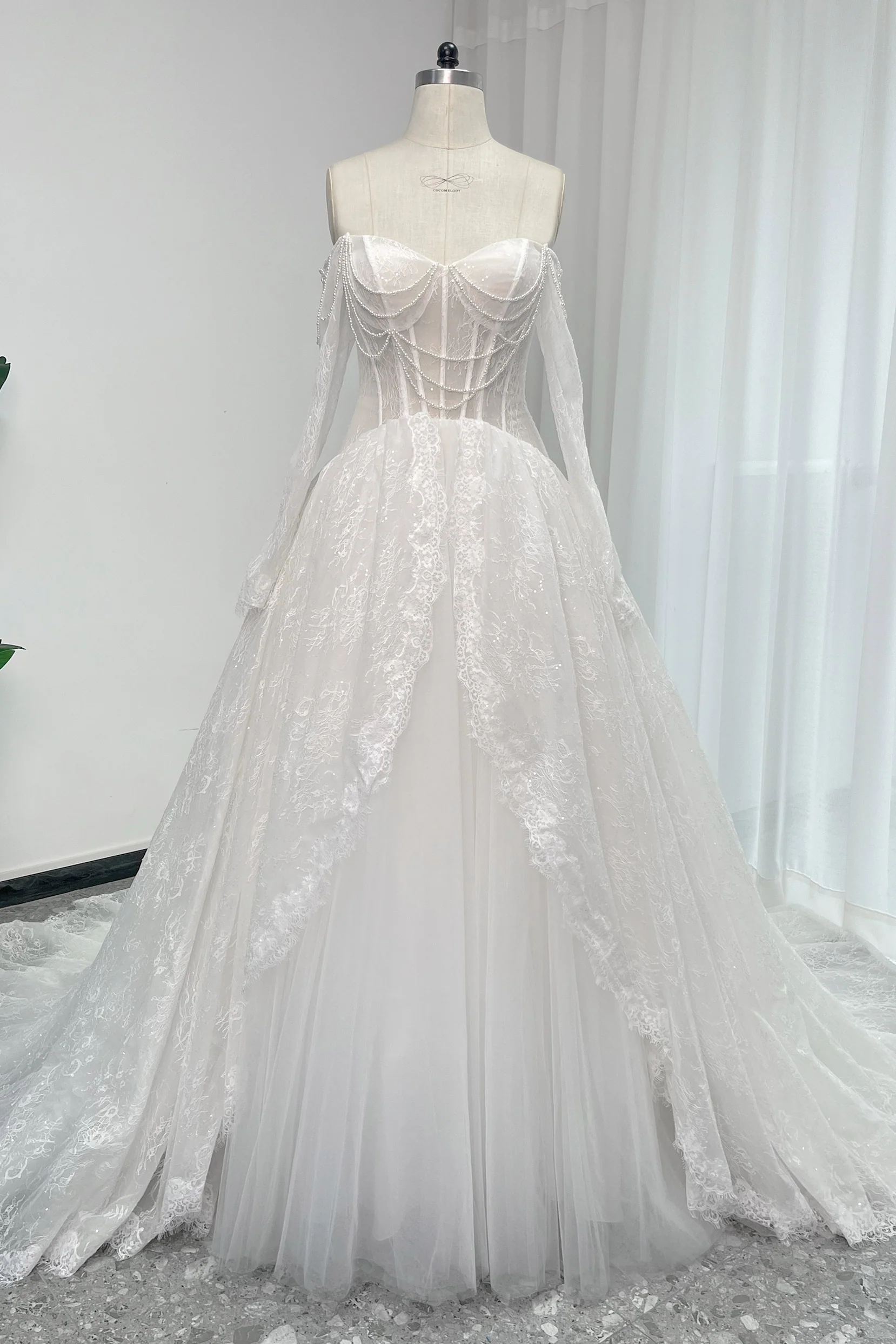 A-Line Chapel Train Sequined Lace Tulle Wedding Dress CW3351