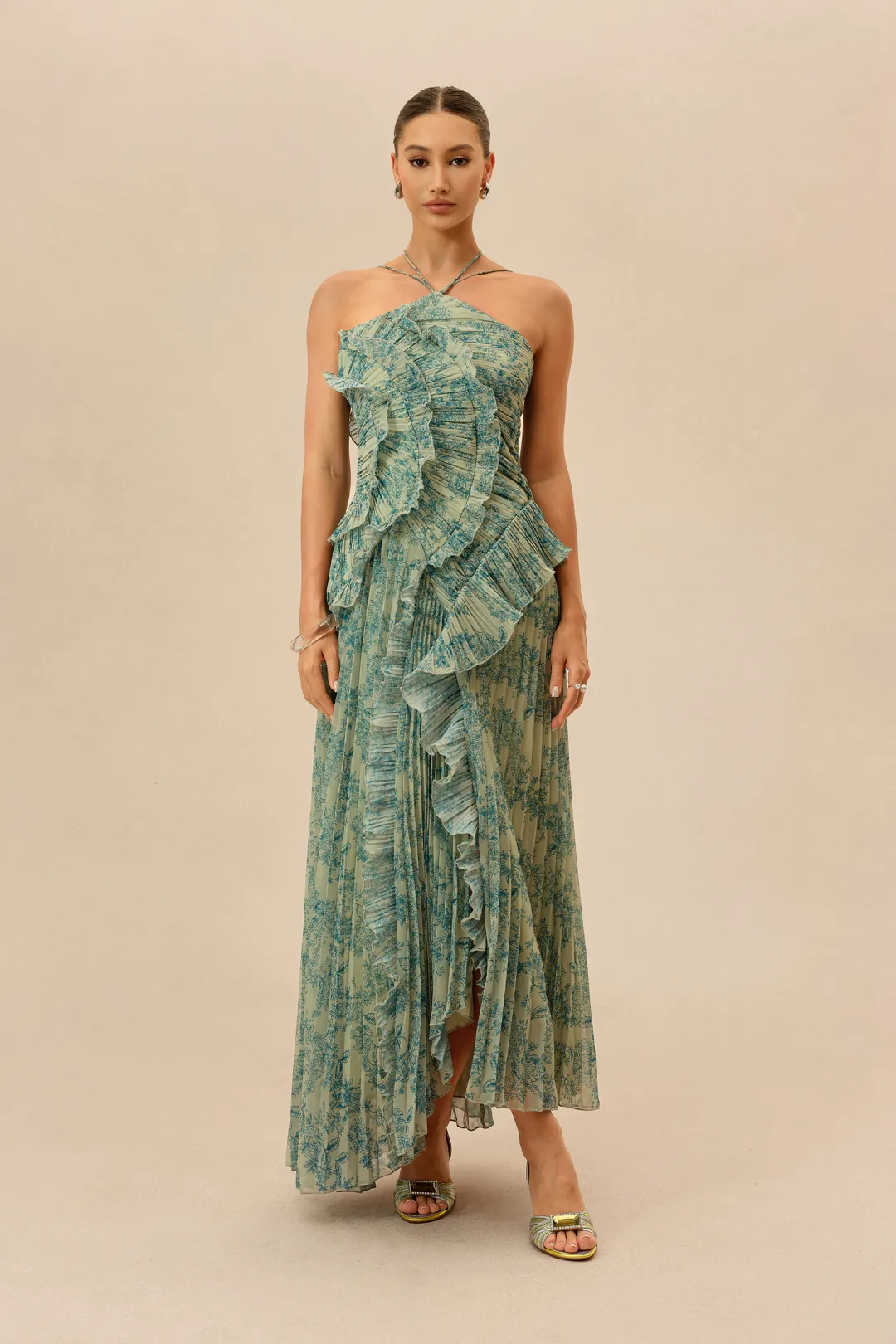 First Impression Dark Green Floral Print Ruffle Trim Maxi Dress