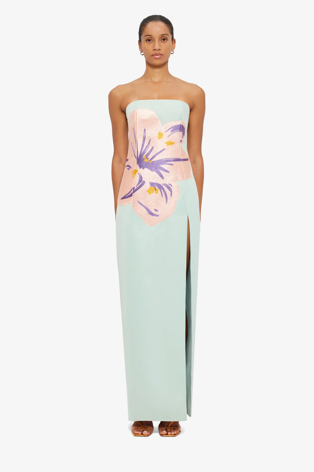 Clemence Embroidered Split Maxi Dress - Hibiscus in Pistachio