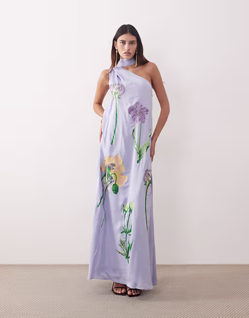 ARRANGE botanical floral embroidered one shoulder maxi dress in dusky blue