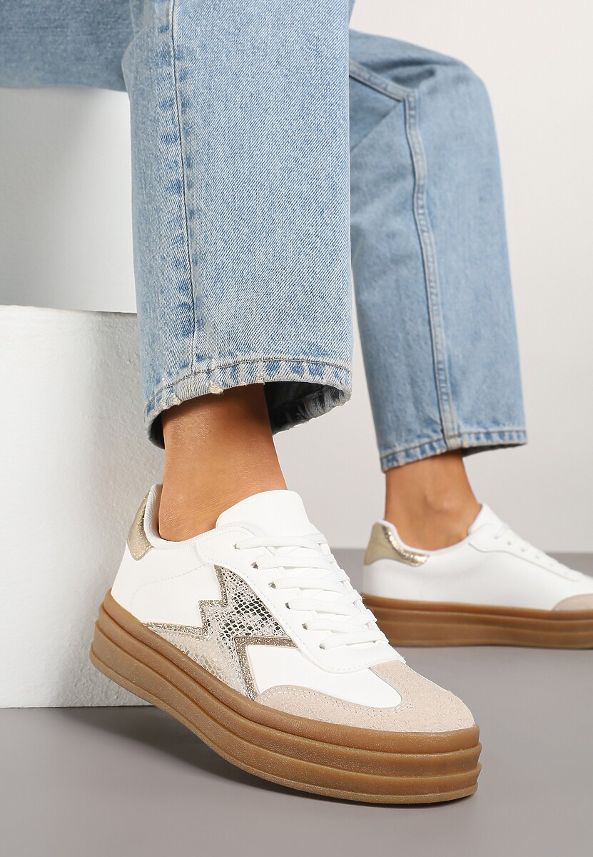 Złoto-Białe Sneakersy w Stylu Tenisówek Ozdobione Geometrycznym Wzorem Tolivanna