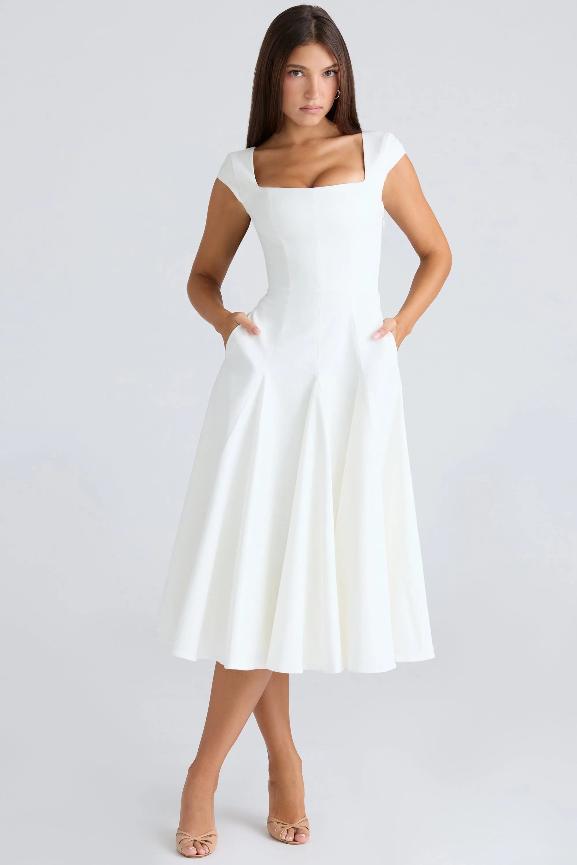 white square neck twill midi dress