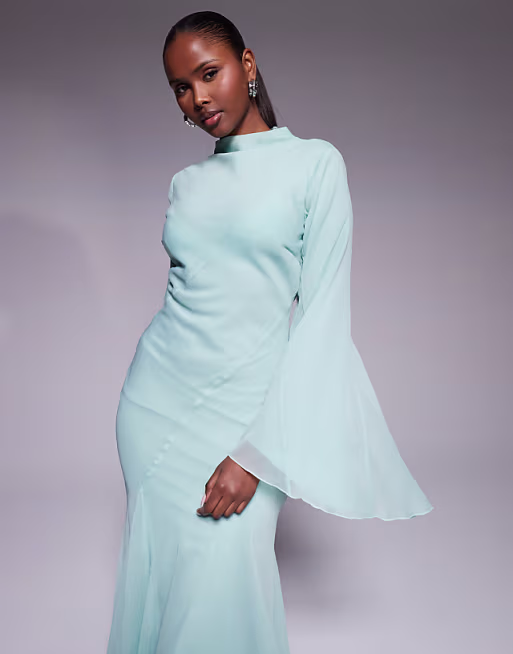 long sleeve high neck maxi dress with ruffle godets and flute sleeves in teal