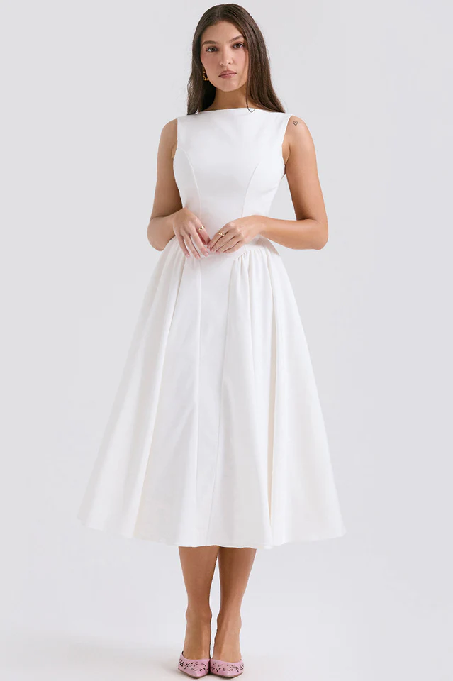 Cindy White Twill Midi Sundress