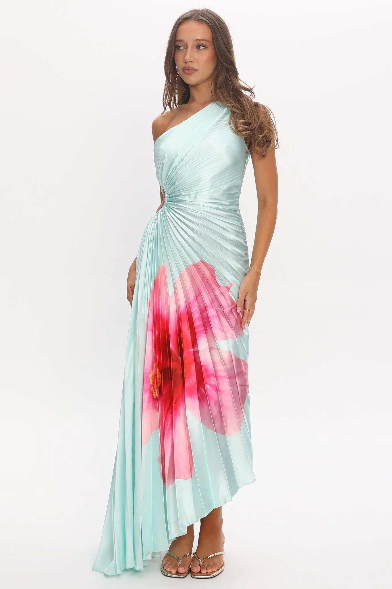 Amelie One-Shoulder Accordion Pleat Maxi Dress Hibiscus Mint