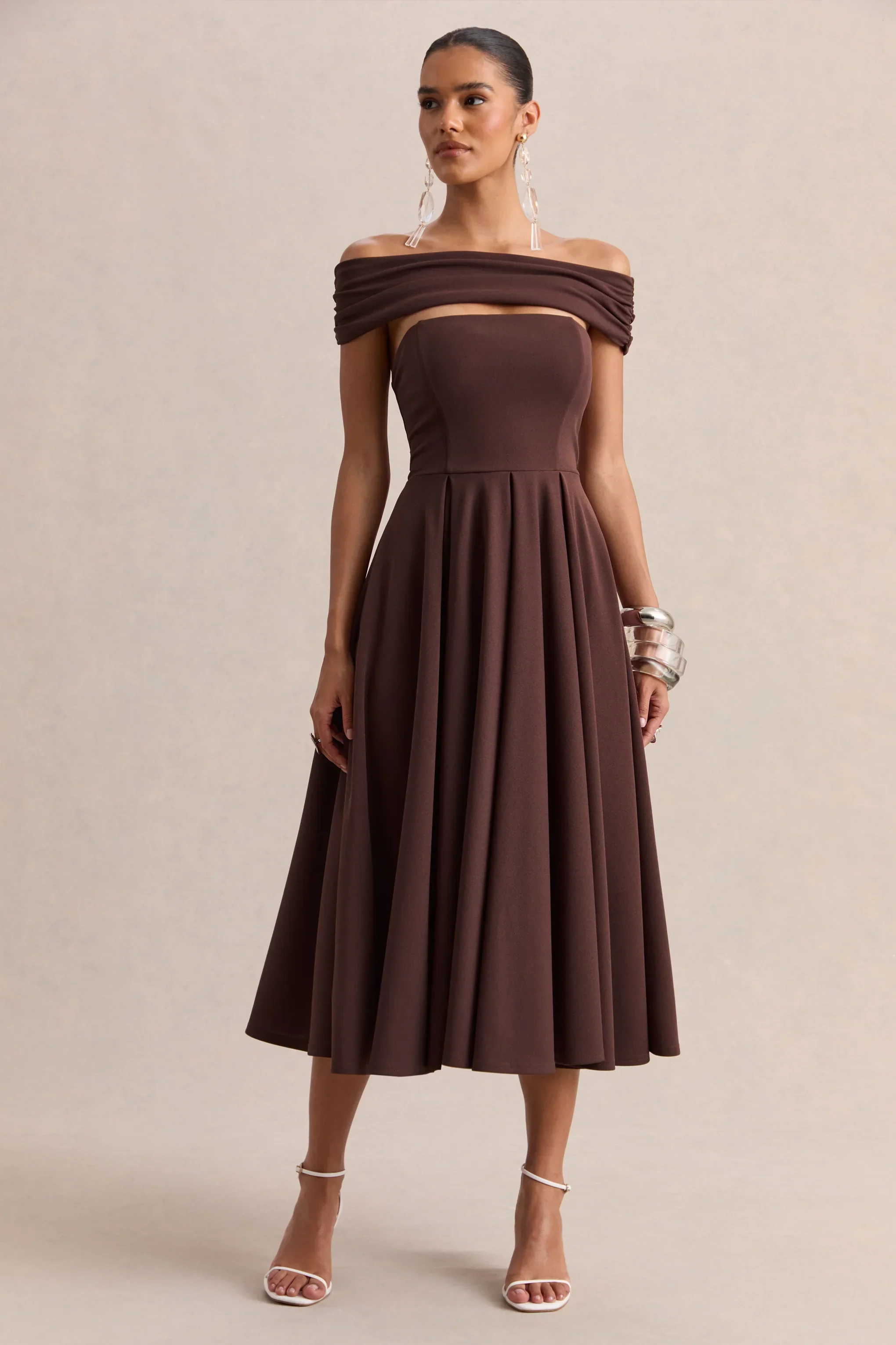 Mavina | Brown Bardot-Neck Midi Dress