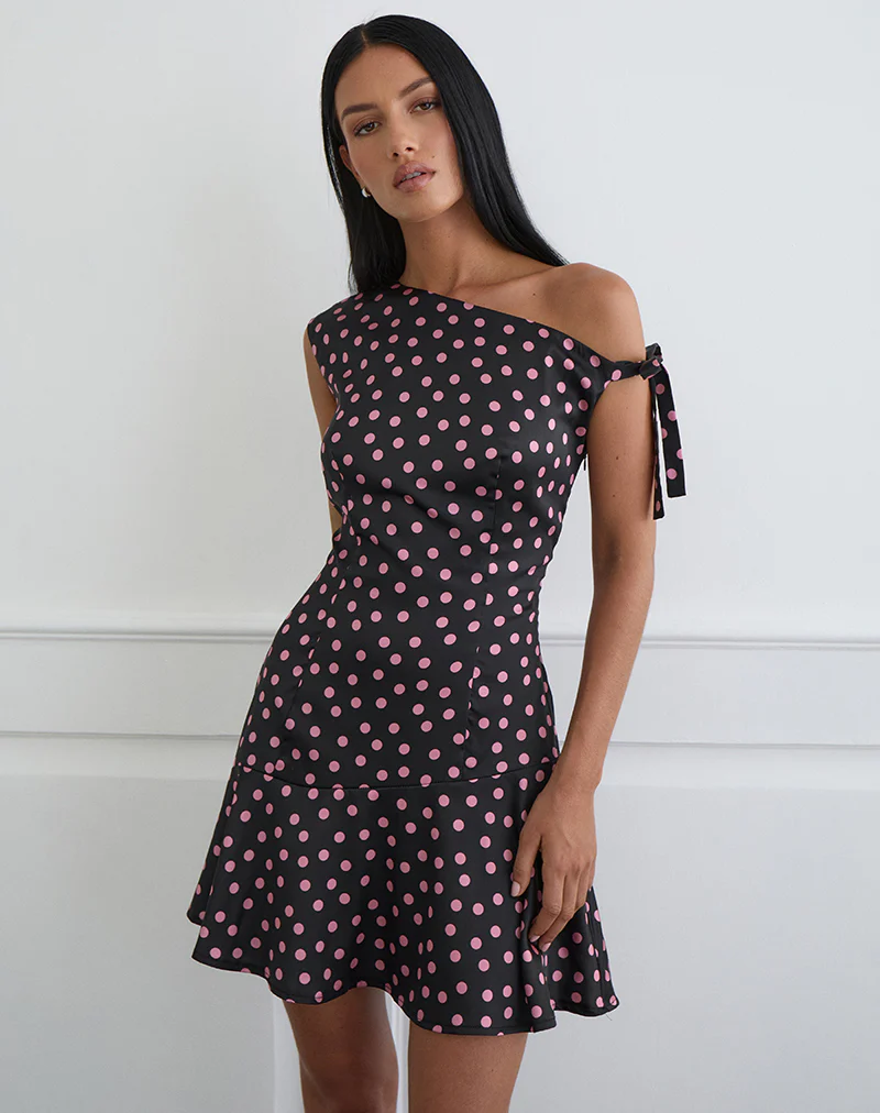 Maribel Mini Dress in Black Satin Scattered with Pink Polka
