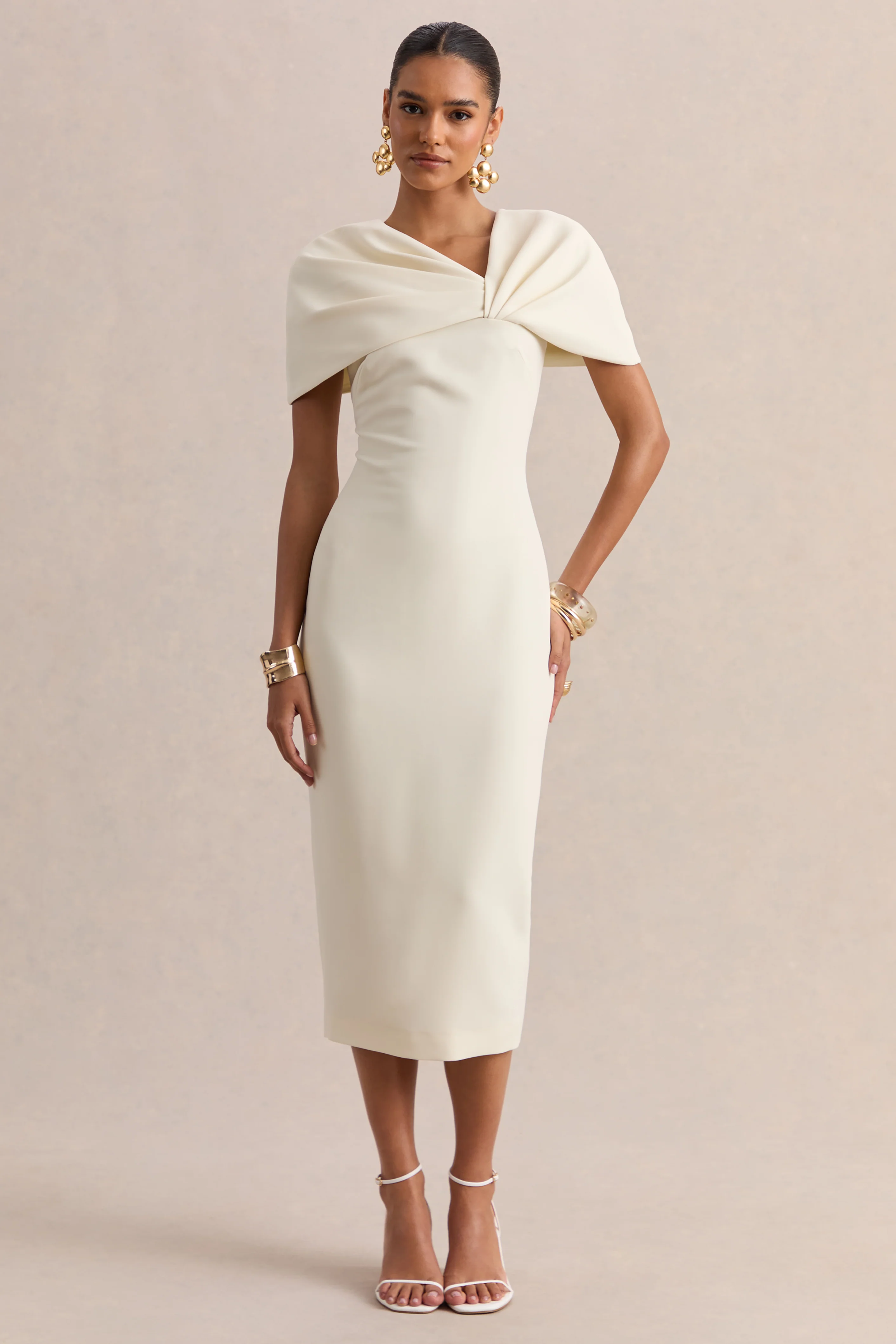 Novalie | Cream V-Neck Midi Dress With Twist-Detail