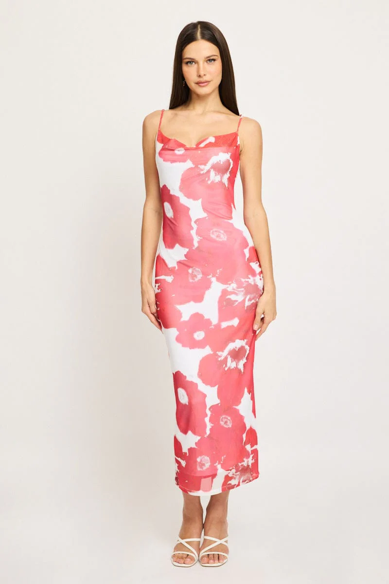 Red Floral Bodycon Dress Cowl Neck Maxi