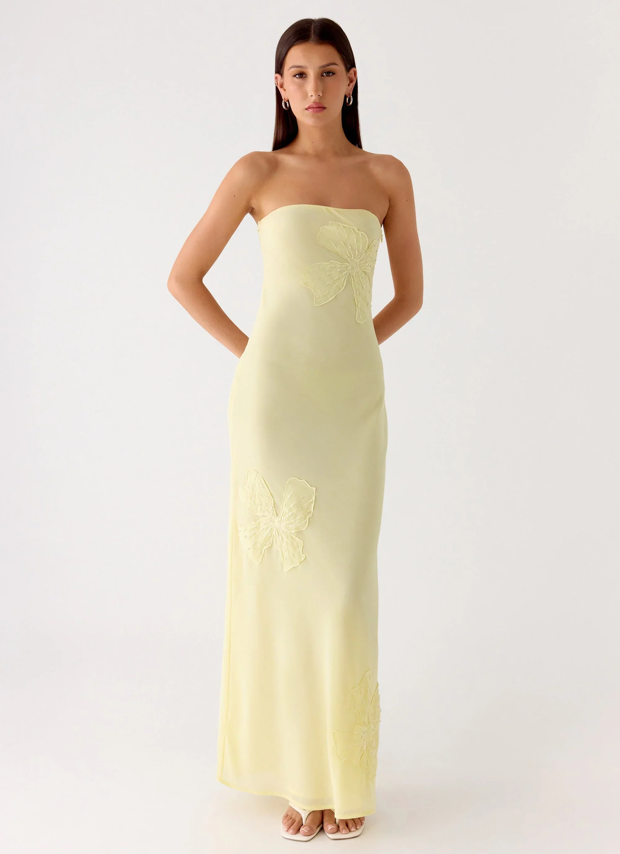 Sassafras Beaded Flower Strapless Maxi Dress - Yellow - luluinthesky