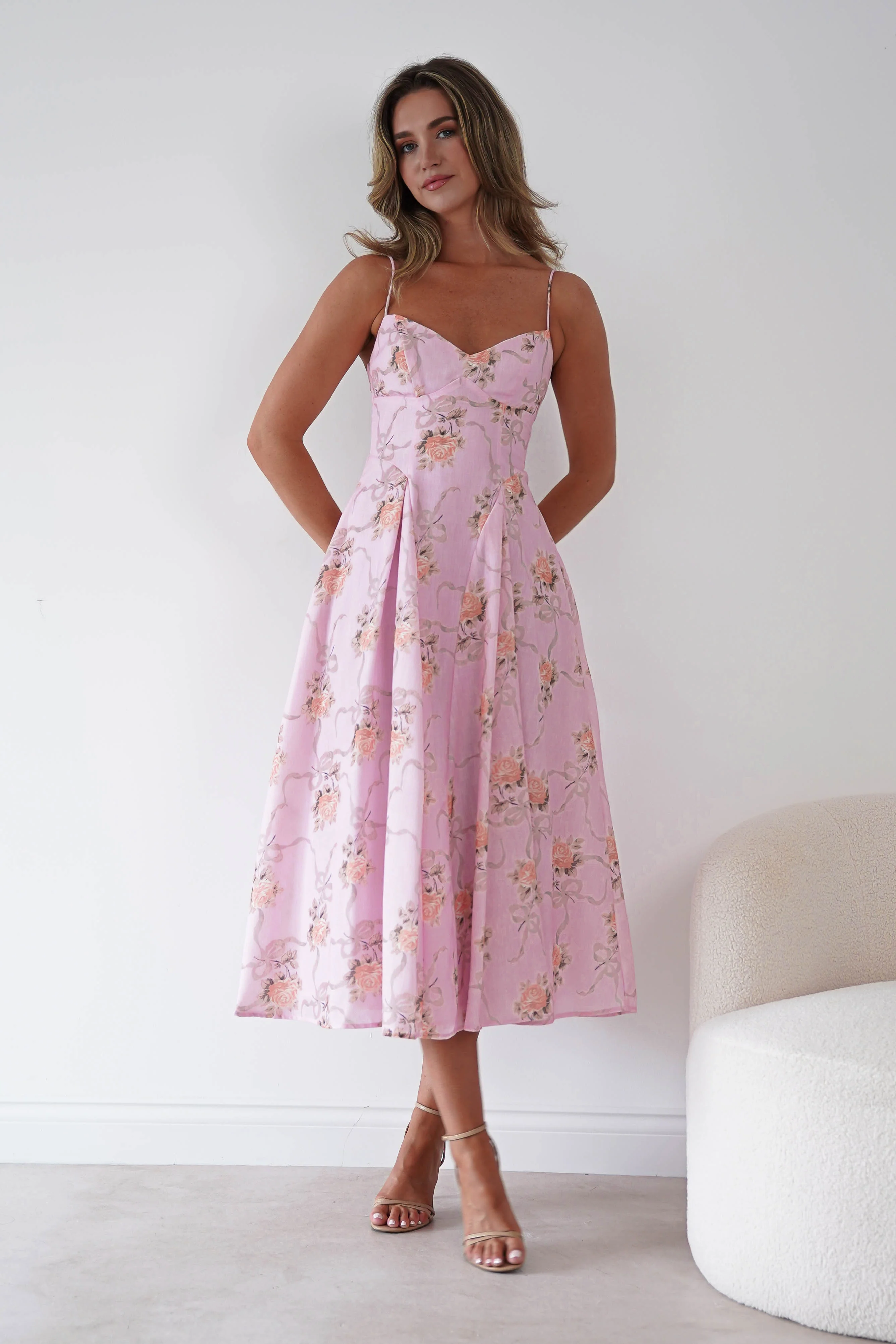 Tess Floral Print Skater Midaxi Dress | Pink