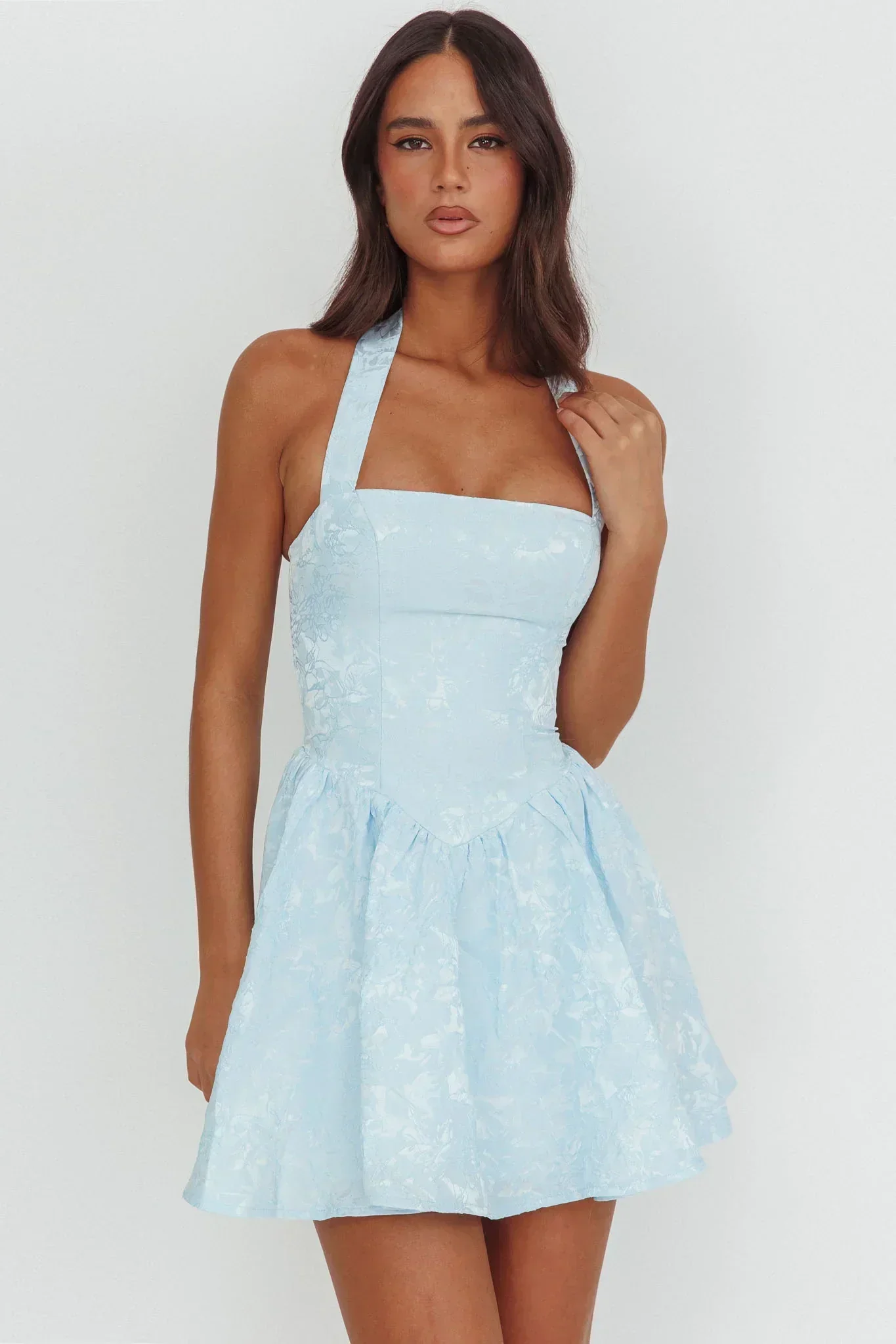 Serrah Halter Mini Dress Jacquard Blue