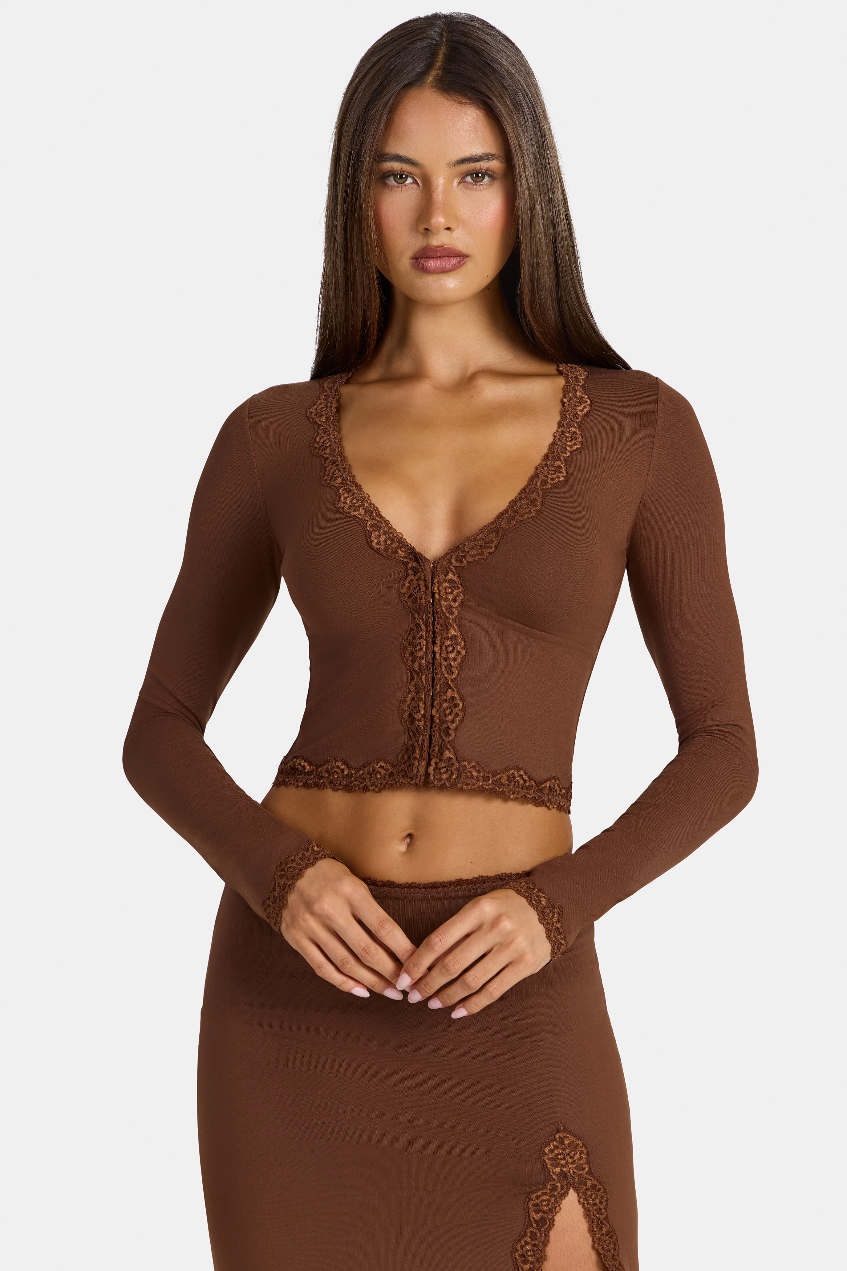 Modal Lace-Trim Cropped Cardigan  in Cocoa Brown