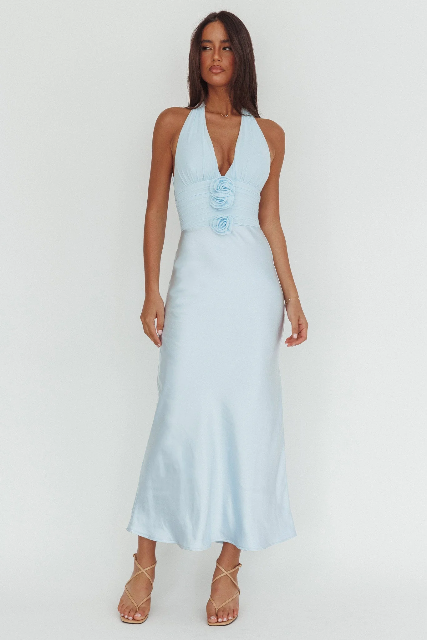 Heliora Halterneck Rosette Bust Maxi Dress Ice Blue