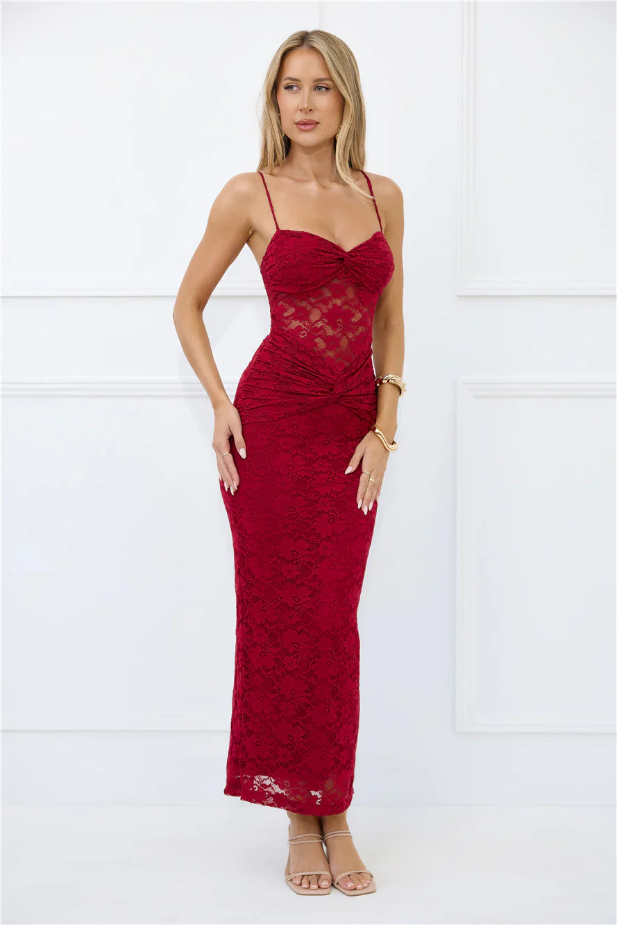 Chic After Dark Lace Maxi Dress Burgundy - luluinthesky