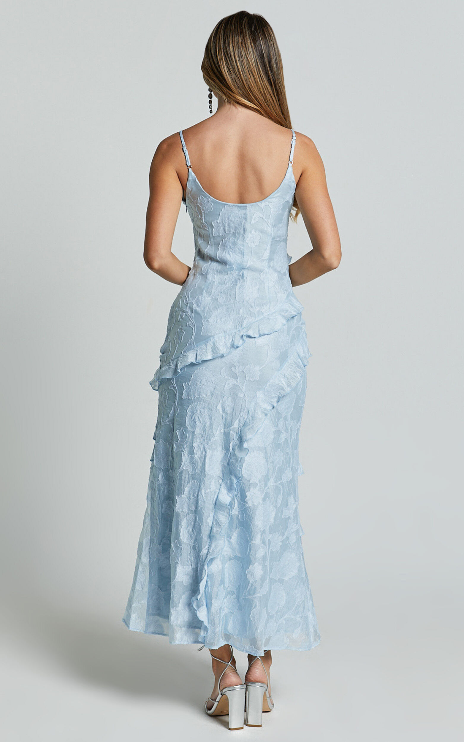 Michaela Midi Dress - Jacquard Ruffle Detail Tiered Dress in Light Blue