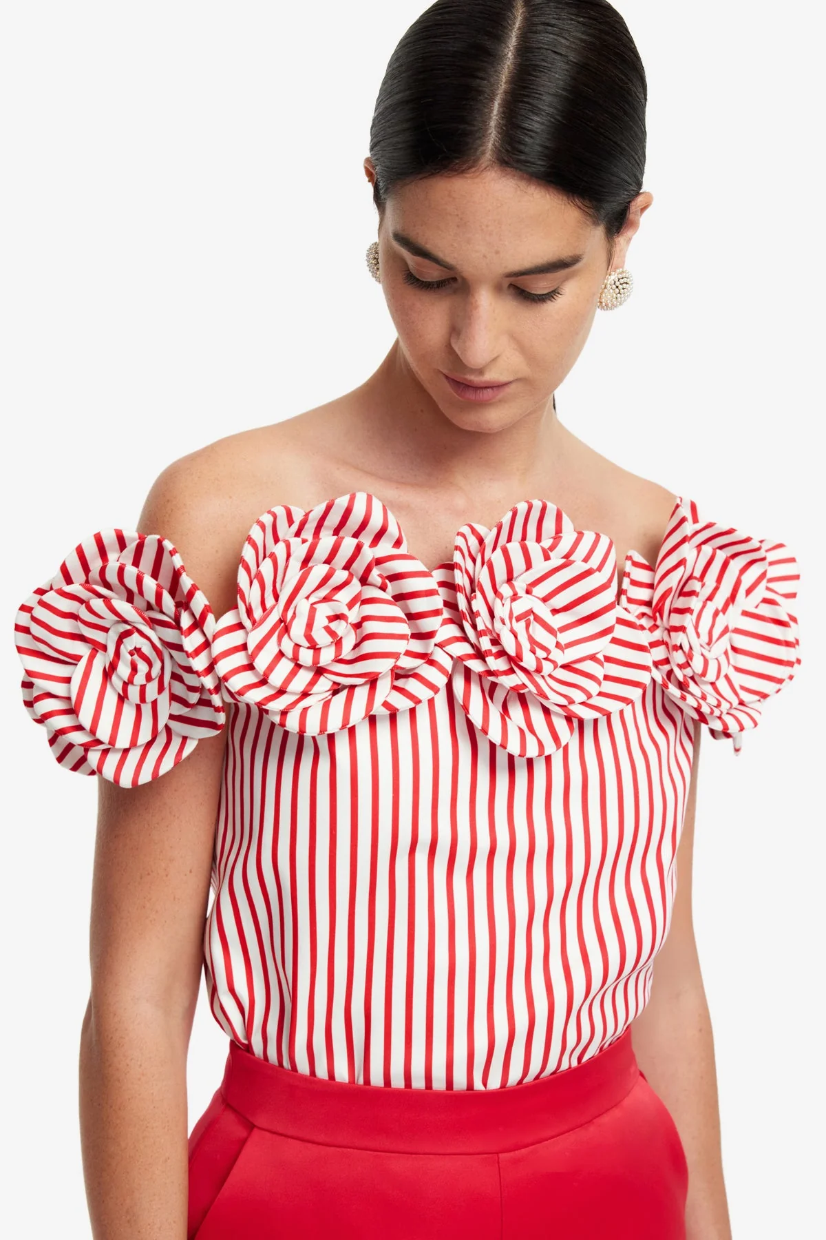 McKayla Off-Shoulder Top - Stripes in Scarlet