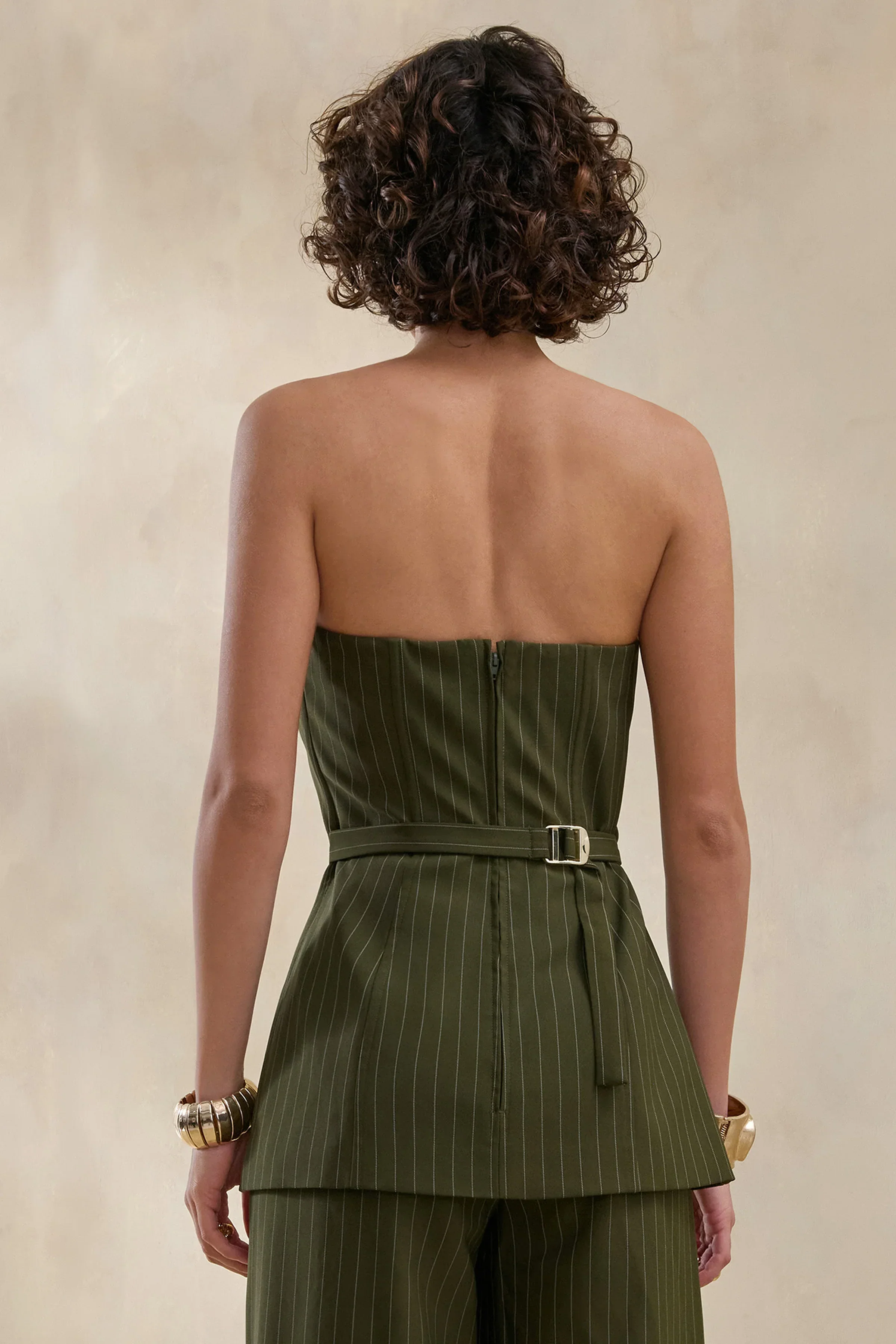 Fable | Olive Pinstripe Bandeau Tailored-Top