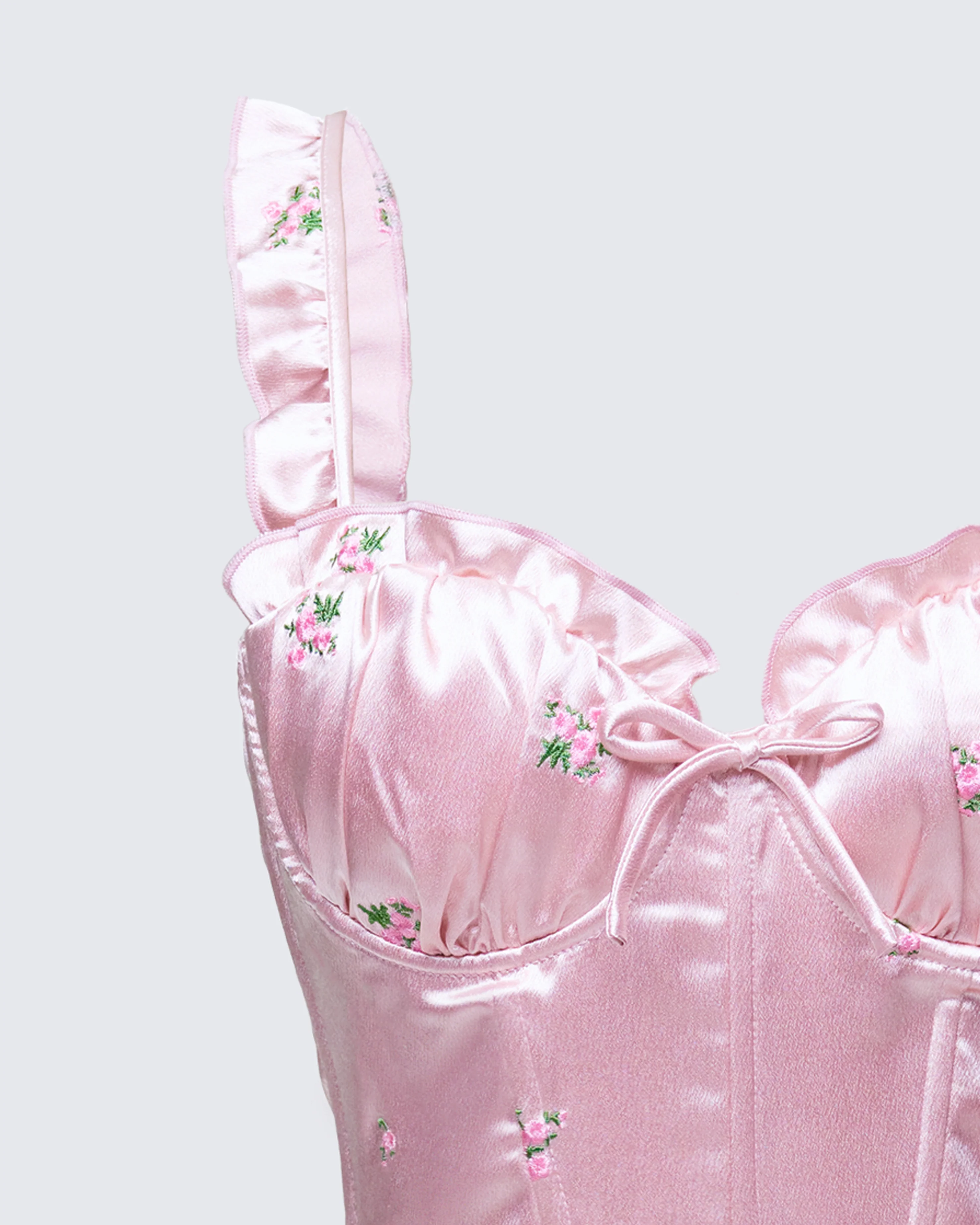 Odelle Pink Embroidered Satin Ruffle Dress