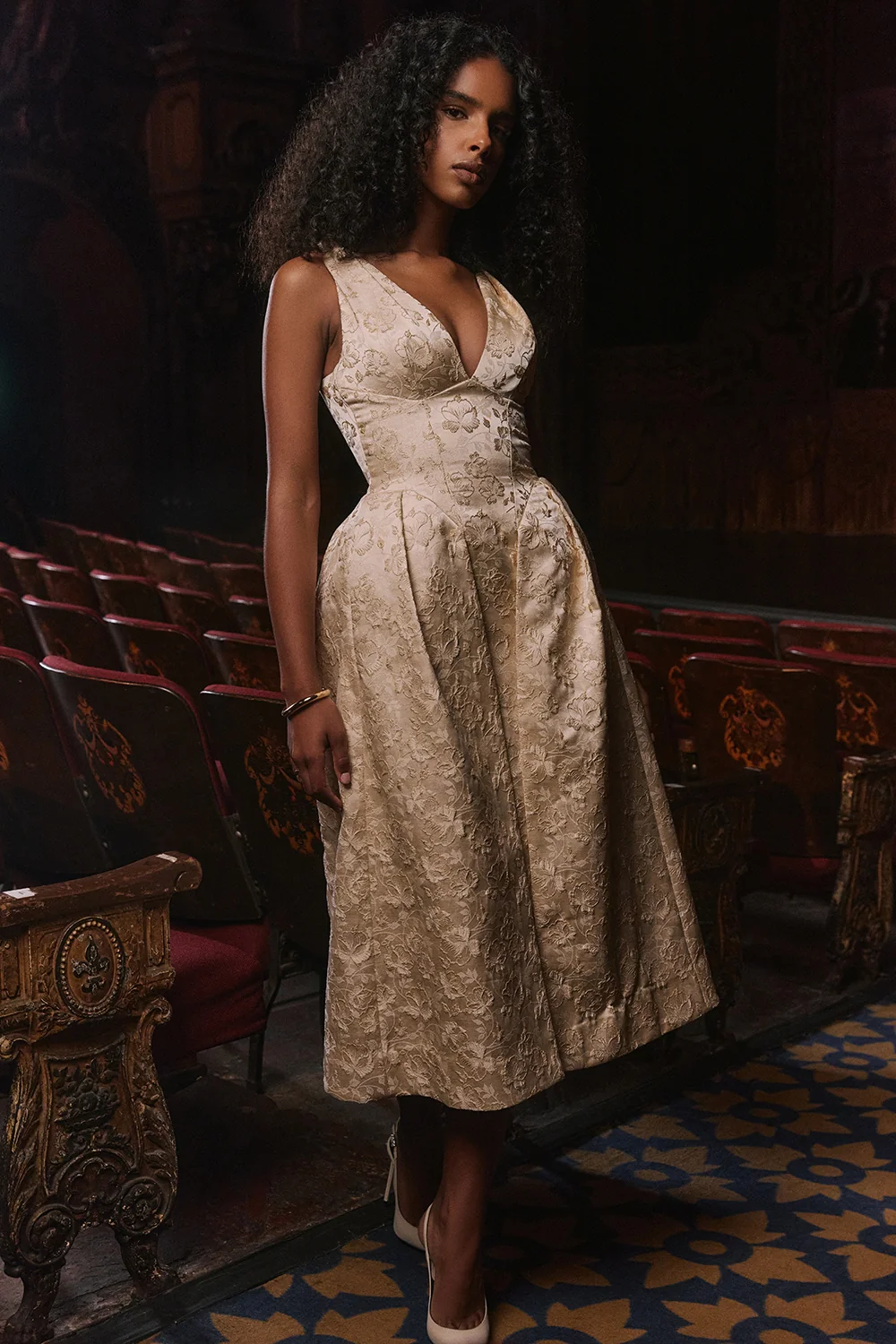 Ivory Metallic Jacquard Midi Dress