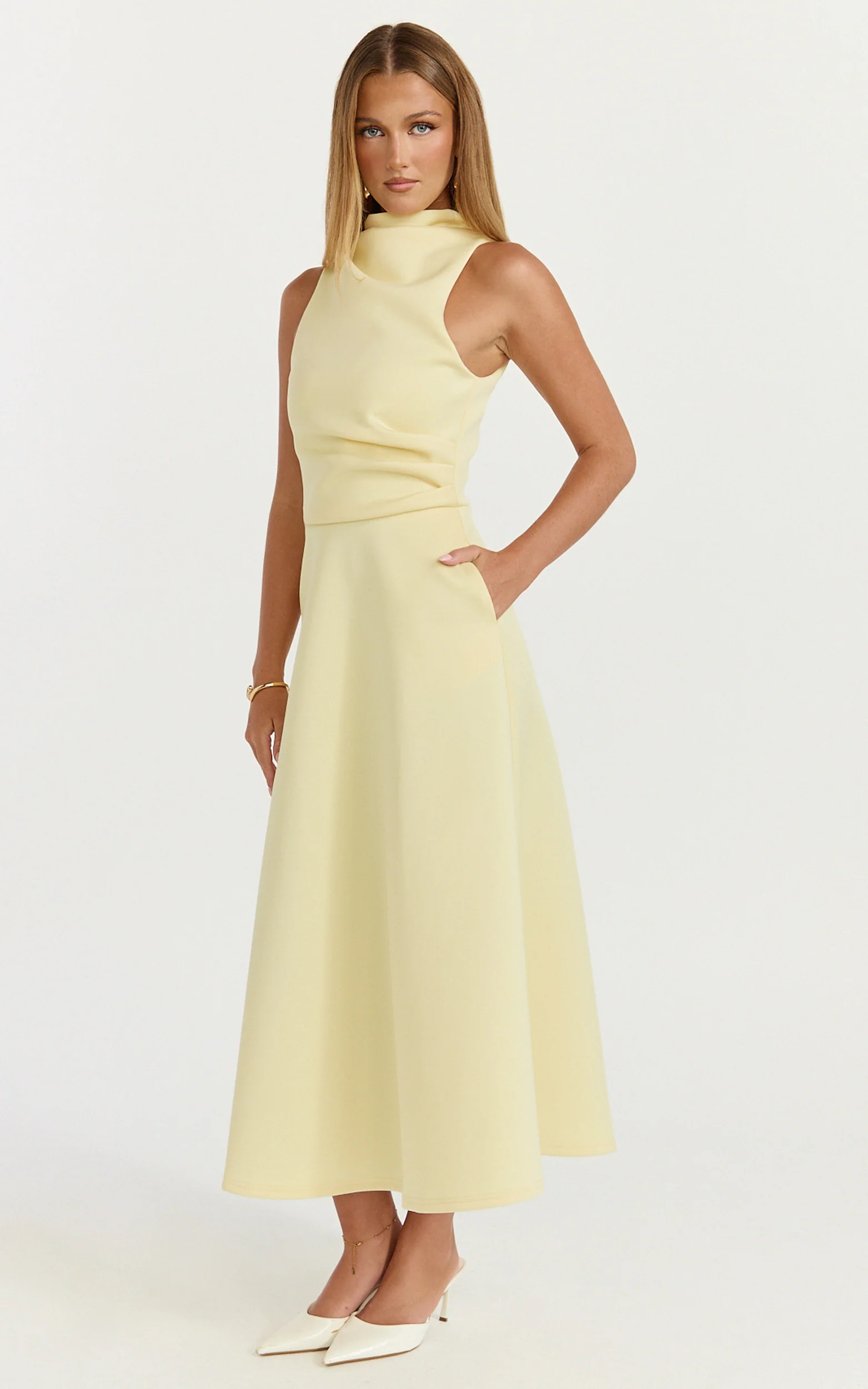 Macy Midi Dress - High Neck A Line Dress in Lemon