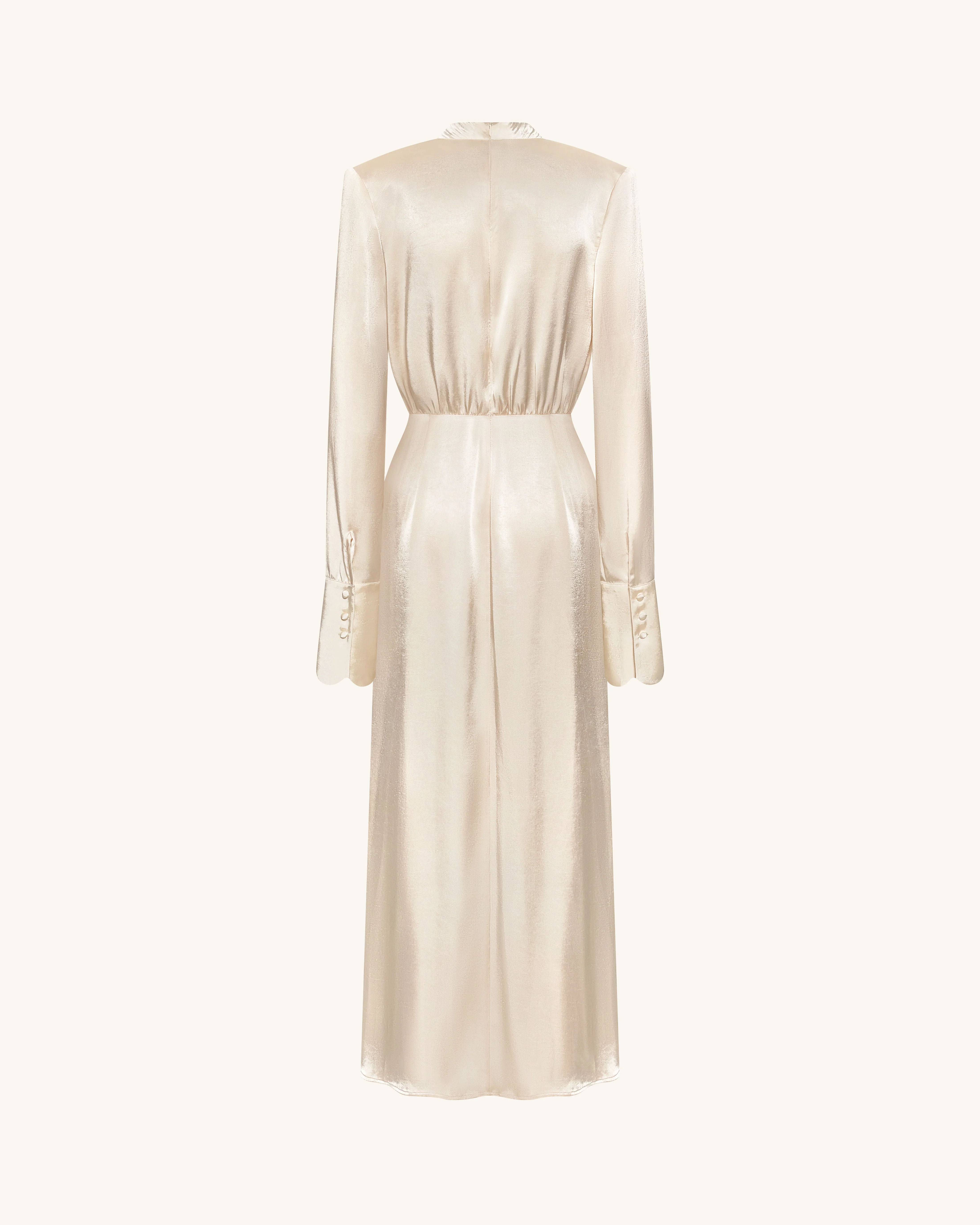 Structured Shoulder Design Satin High-Neck Fitted Maxi Dress - Cream - FASHION NOB