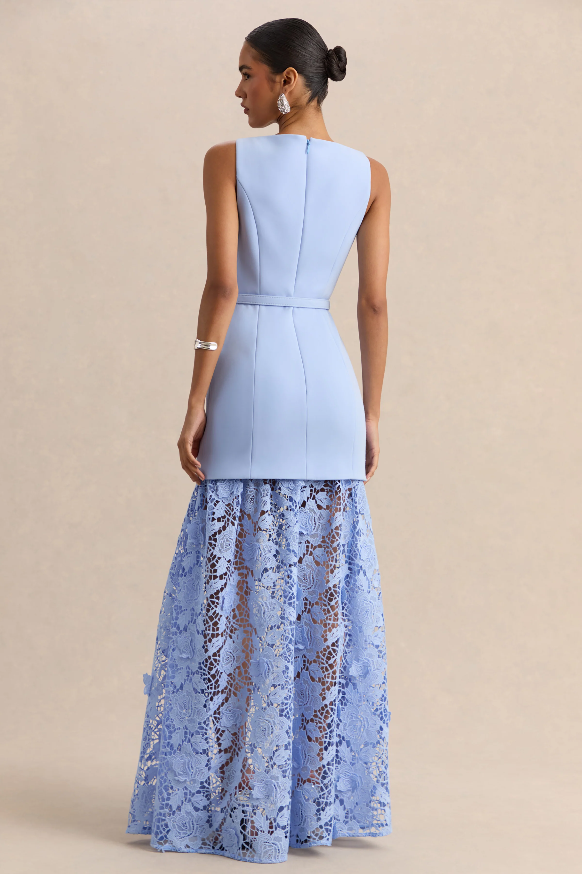 Verena | Powder Blue Boat-Neck Belted Maxi Dress With Lace Skirt