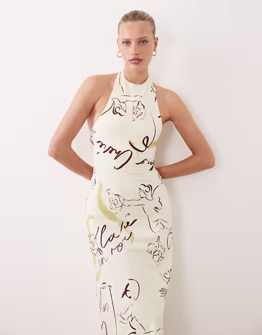 halter trapeze midi dress in conversational print