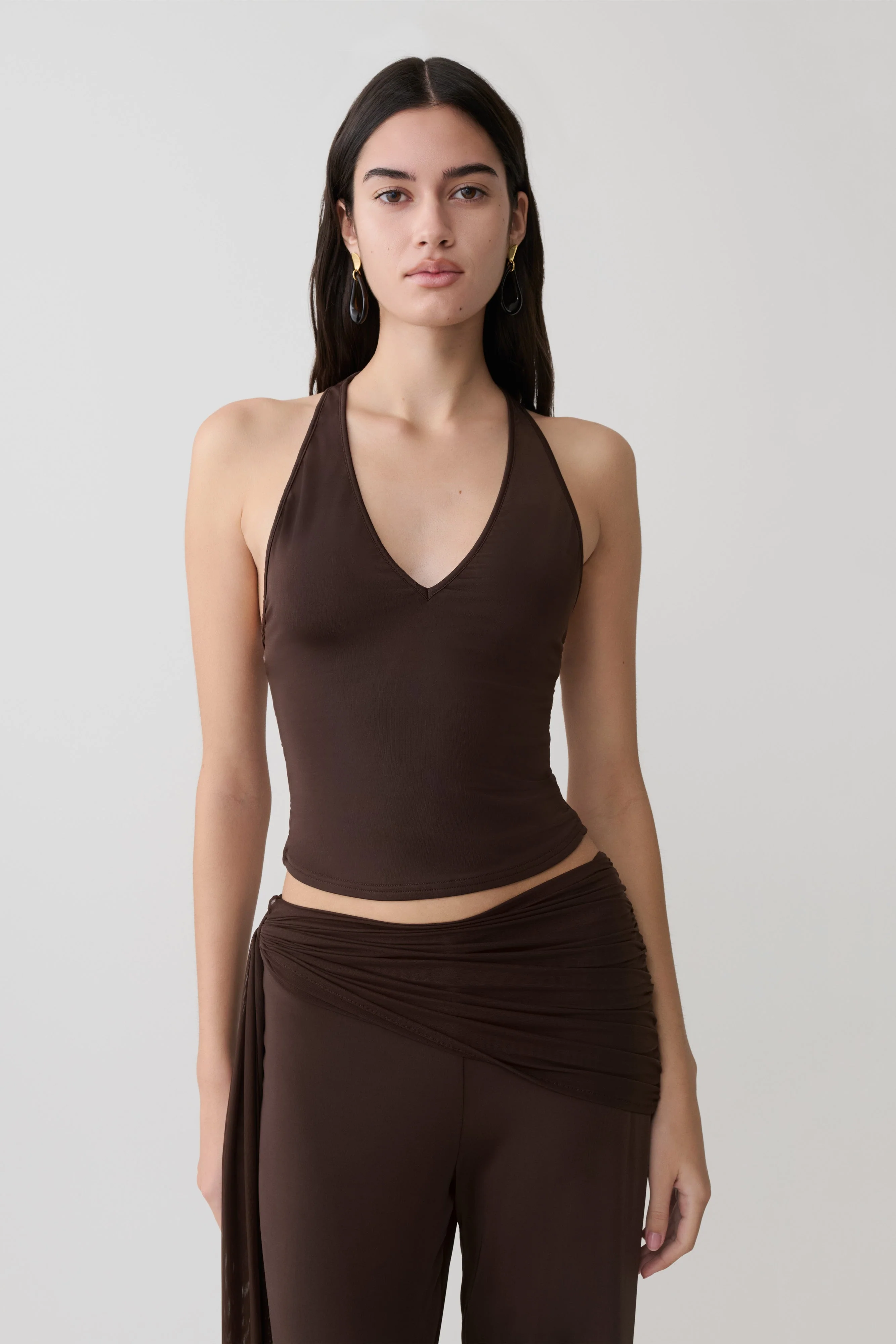 Aspyn Slinky And Mesh Top - Chocolate