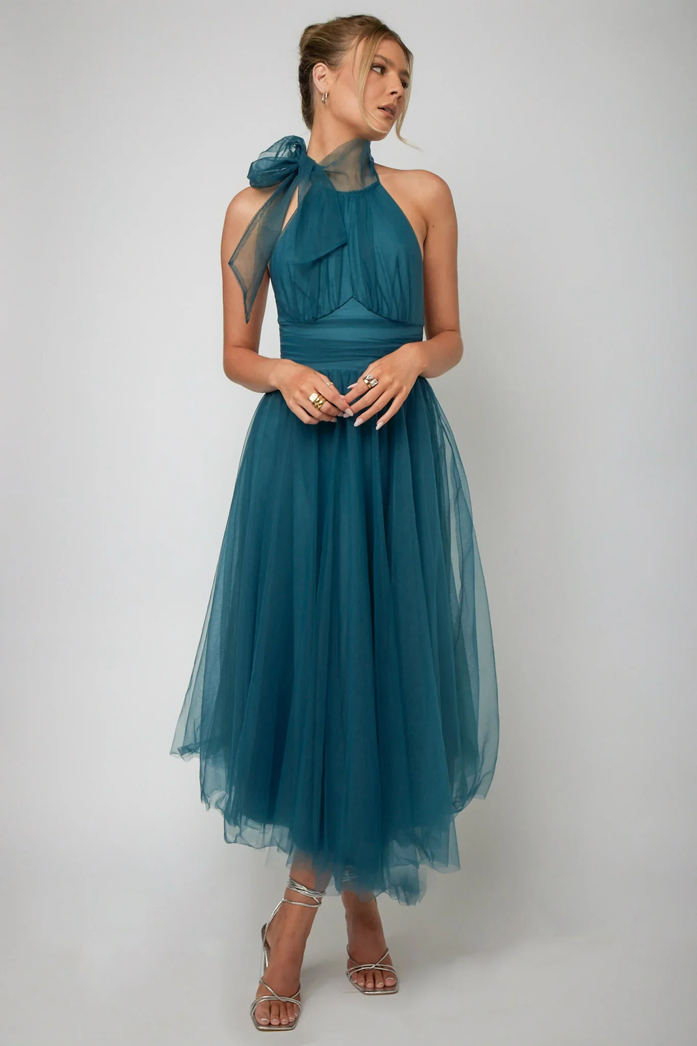 Andria Halterneck Tulle Midi Dress Teal