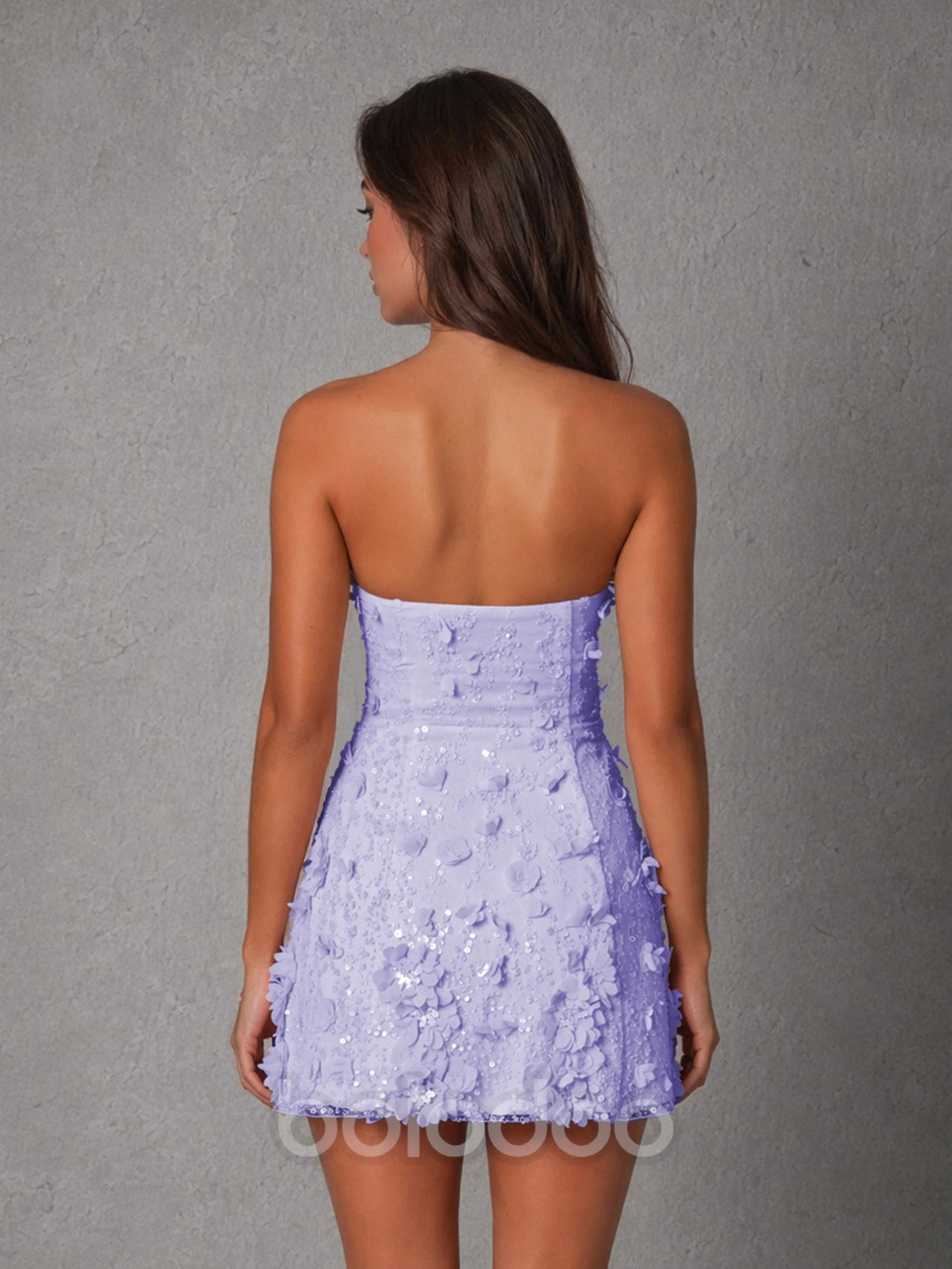 BOLODOO Lavender Strapless Sweetheart 3D Floral Sequin Mini Dress | Fitted A-Line Open Back Corset