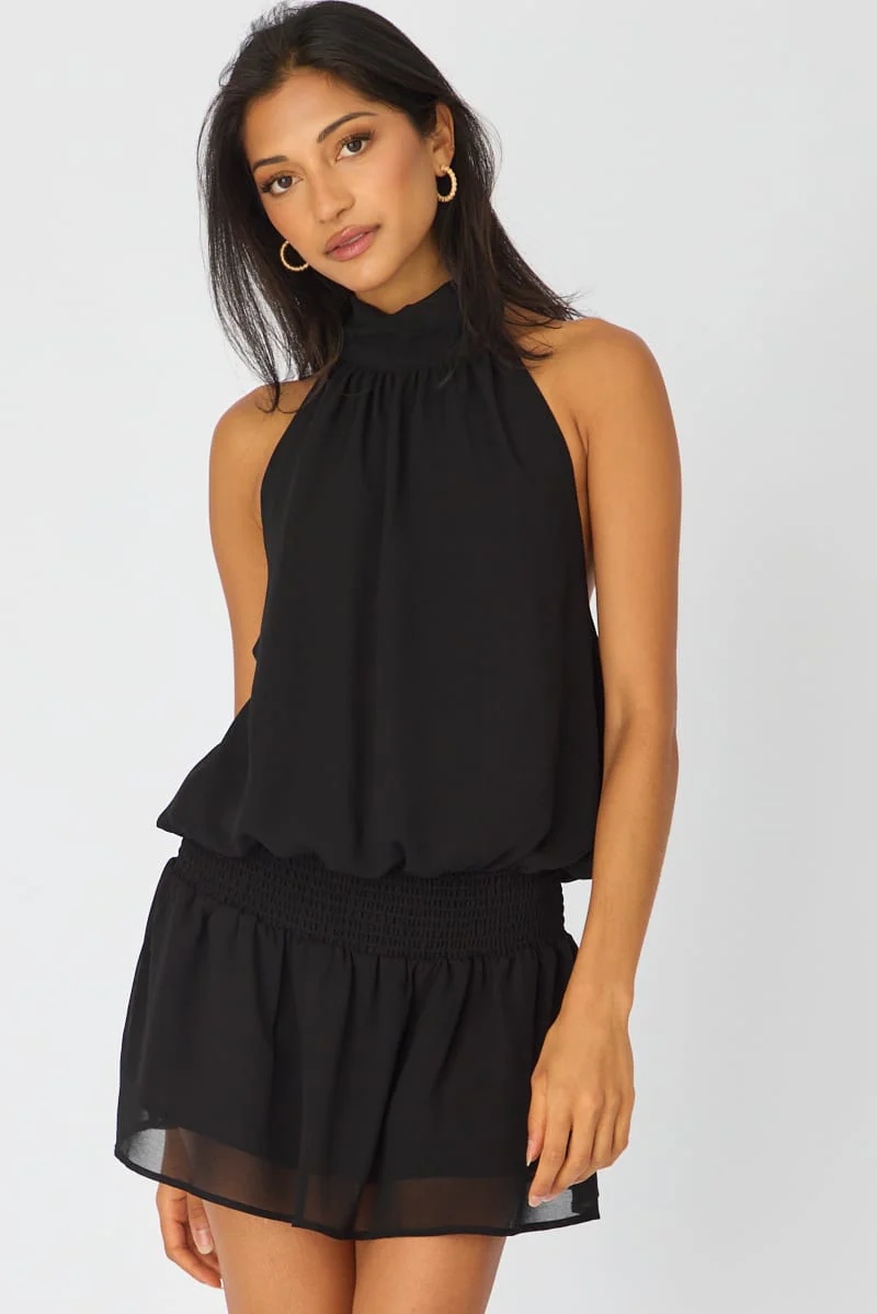 Black High Neck Dress Mini Chiffon