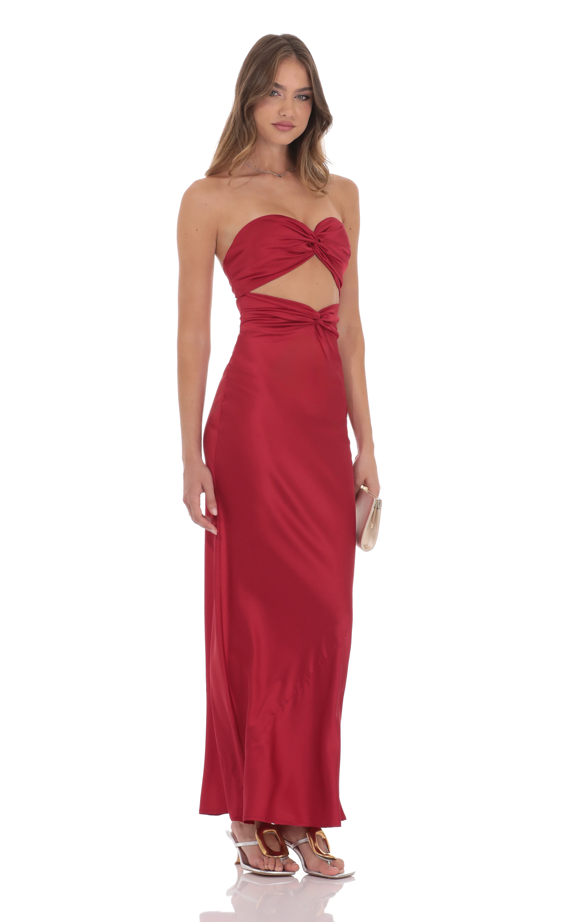 Satin Twist Cutout Maxi Dress in Red - luluinthesky