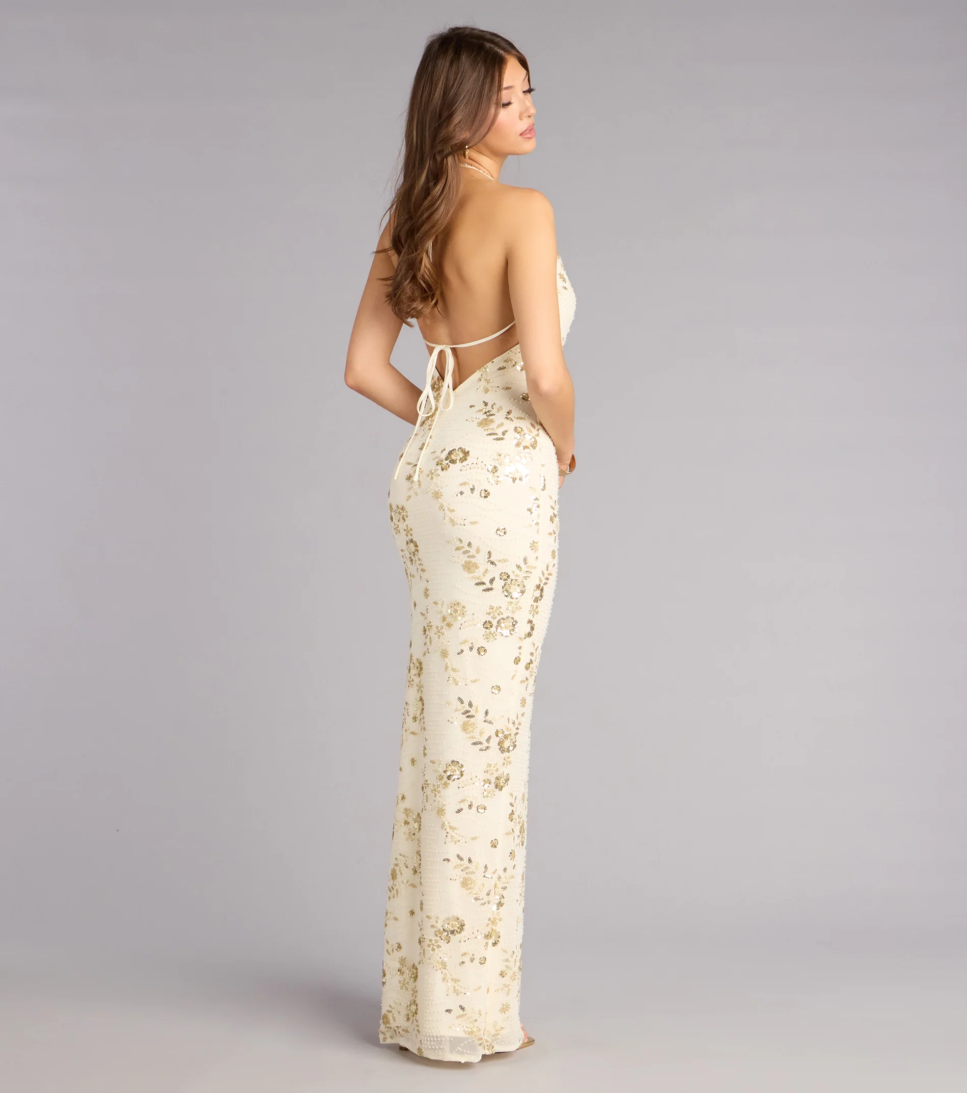 Maren Floral Sequin Mesh Halter Formal Dress