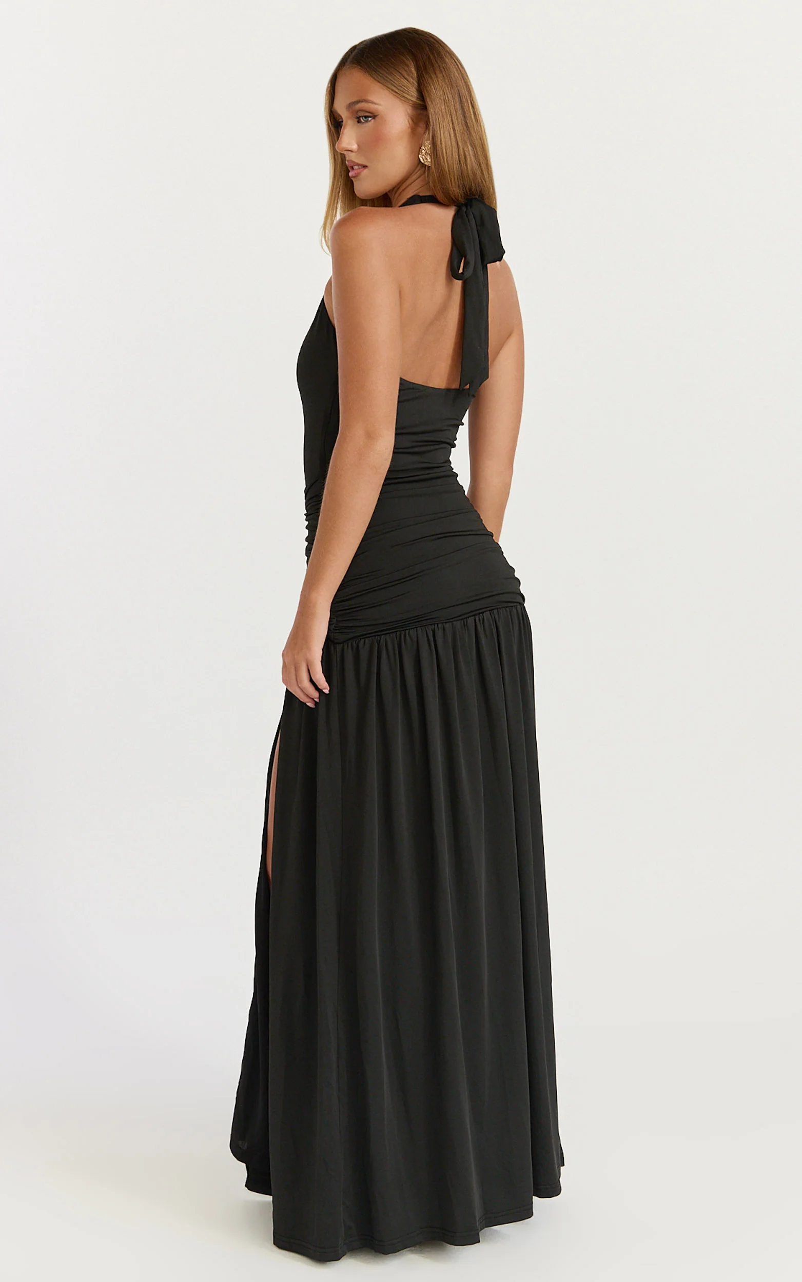Phoenix Maxi Dress - Halter Neck Gold Trim Jersey Dress in Black