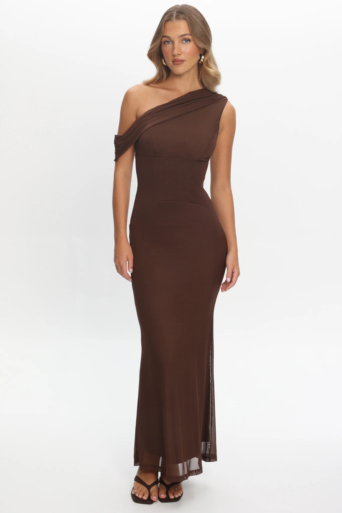 Milos Asymmetric Neckline Maxi Dress Chocolate